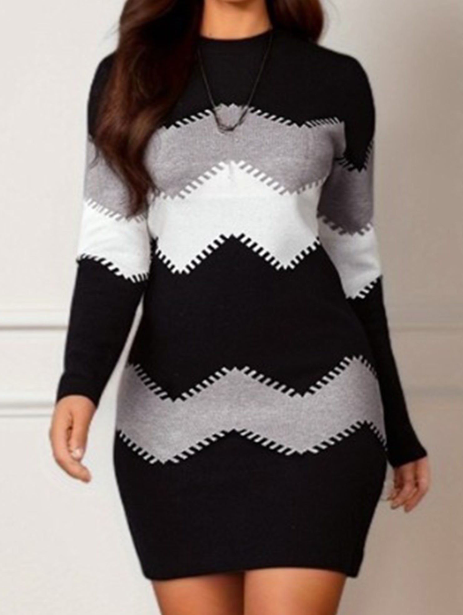 Round neck long sleeve knit bodycon dress