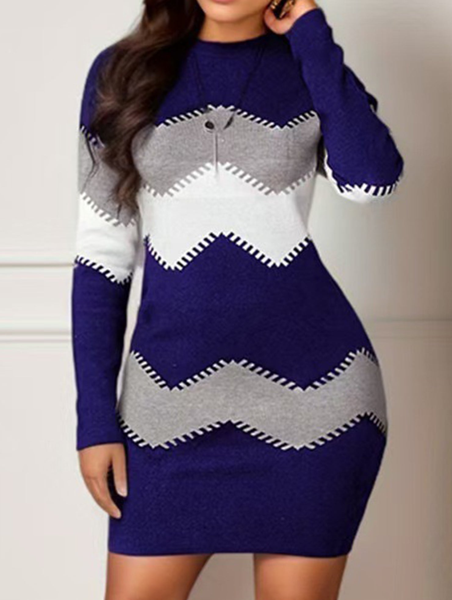 Round neck long sleeve knit bodycon dress