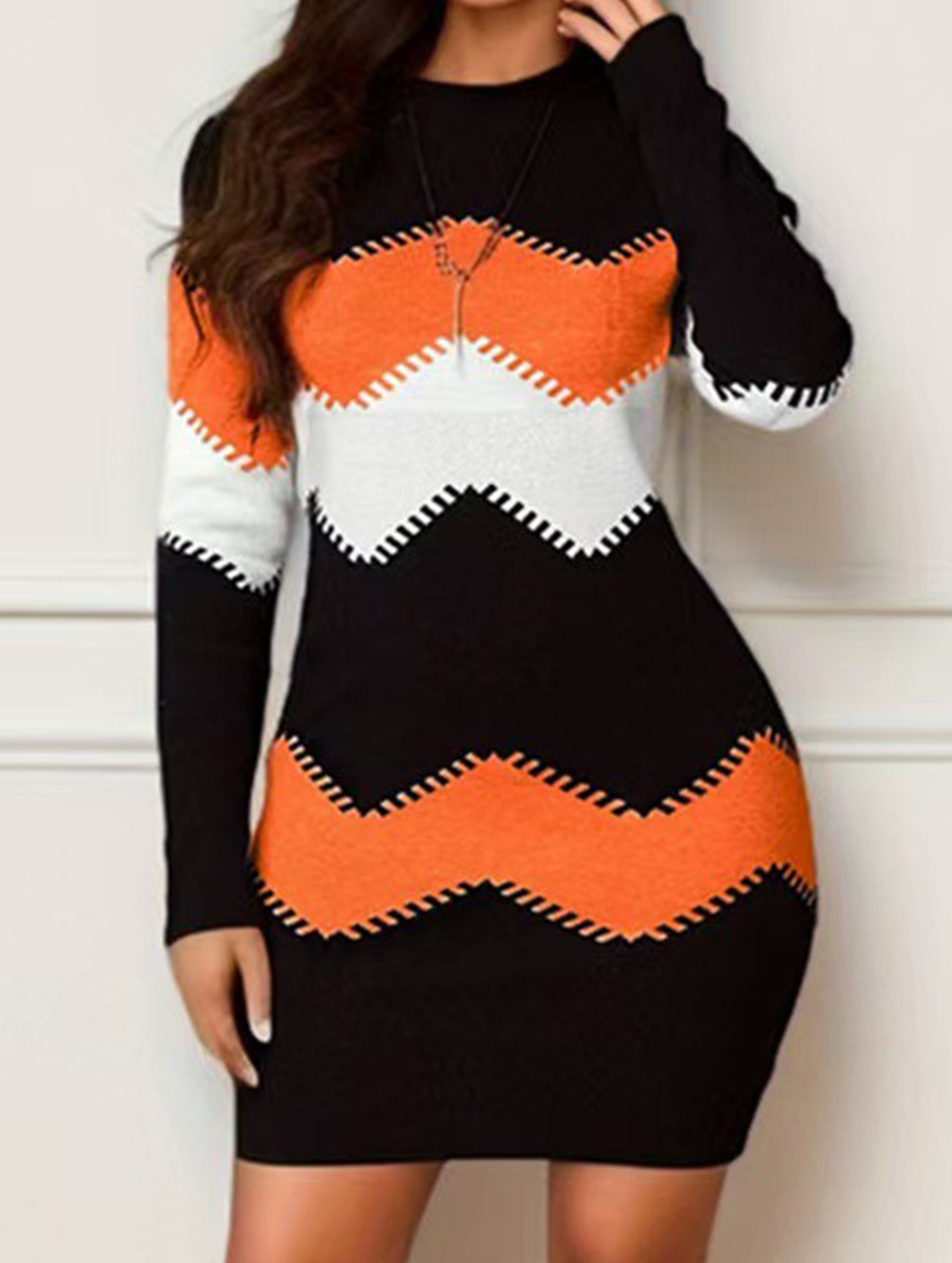 Round neck long sleeve knit bodycon dress