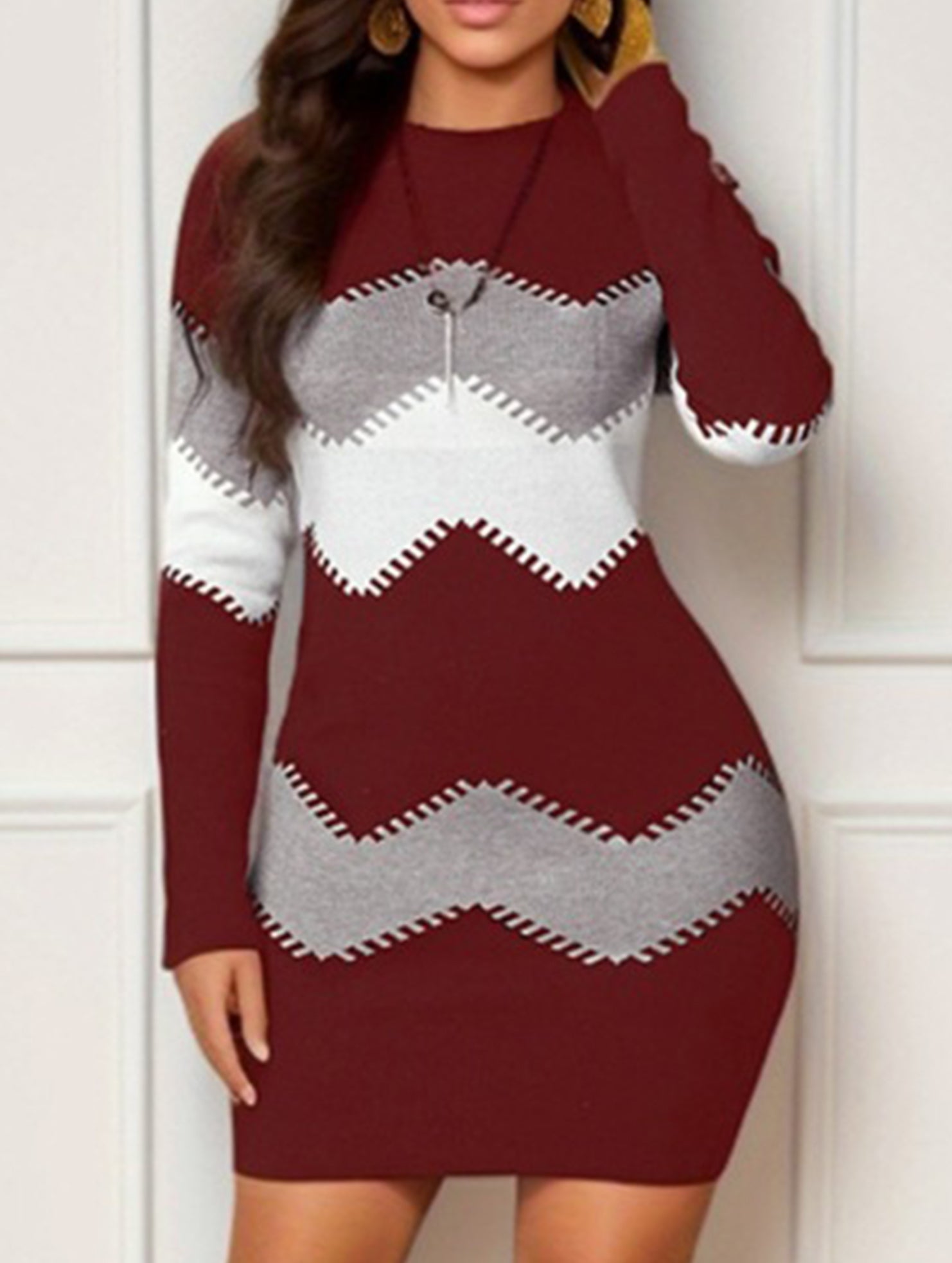 Round neck long sleeve knit bodycon dress