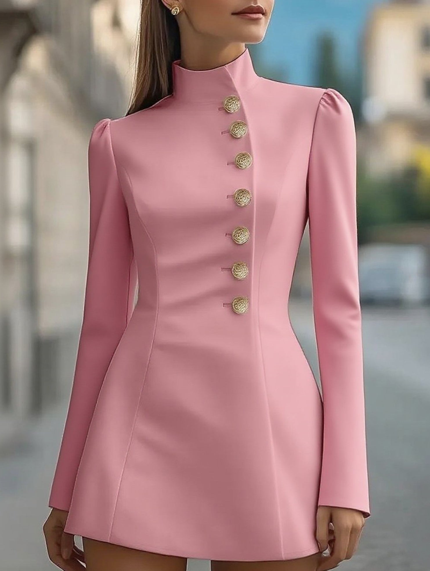 Slim-fit stand-up collar single-breasted dress