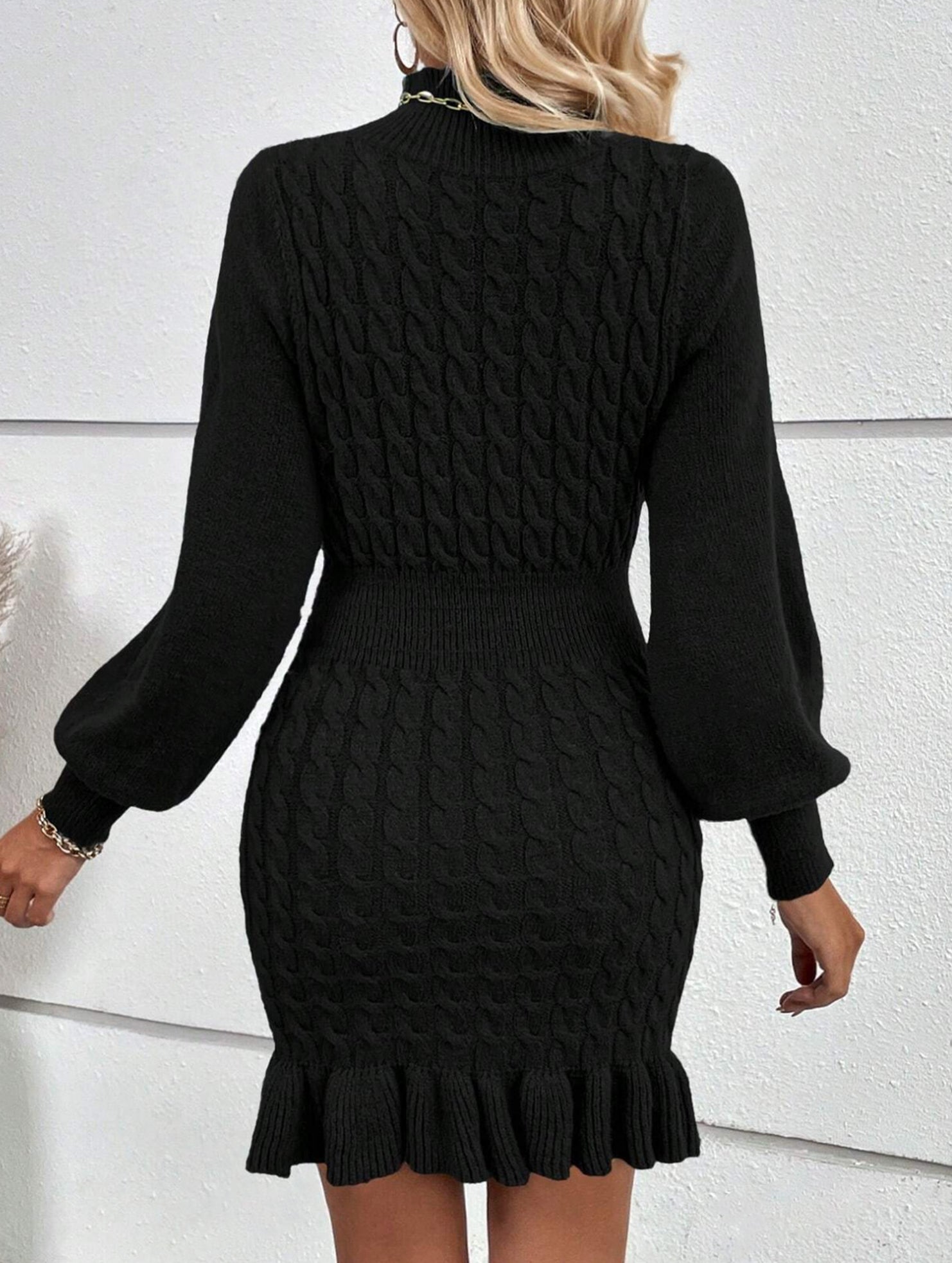 Fashionable cable knit waist-cinching sweater dress