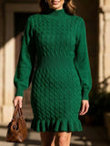 Fashionable cable knit waist-cinching sweater dress