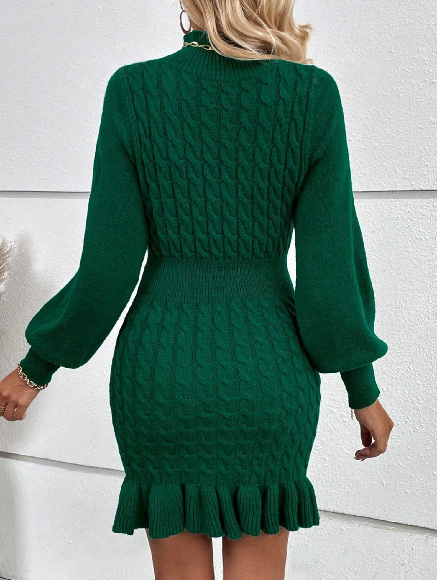 Fashionable cable knit waist-cinching sweater dress