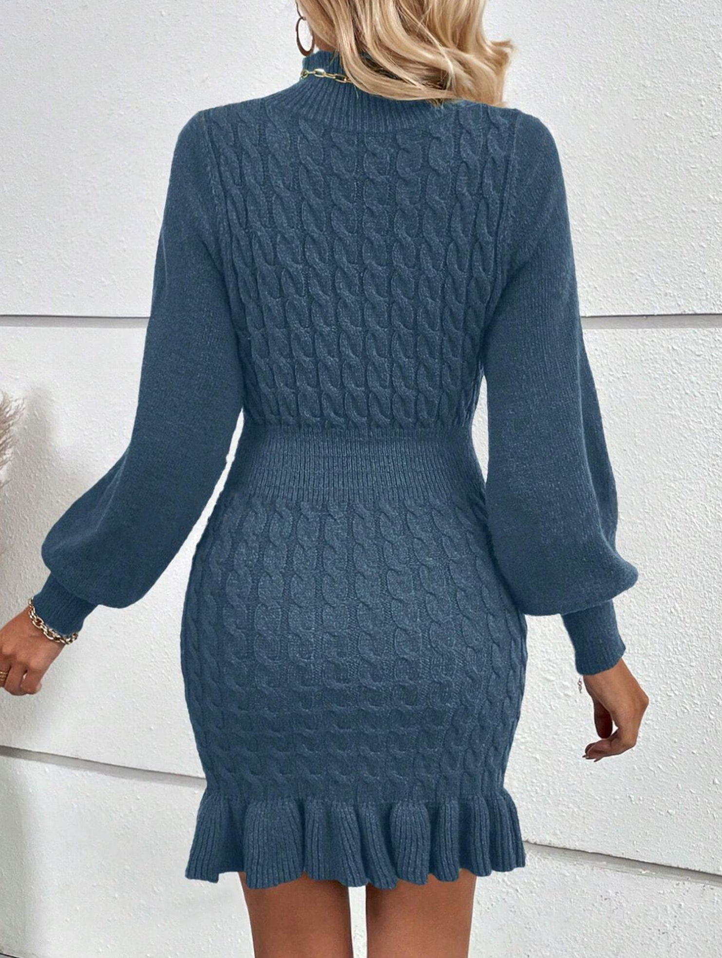 Fashionable cable knit waist-cinching sweater dress