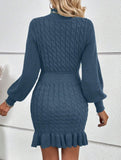 Fashionable cable knit waist-cinching sweater dress