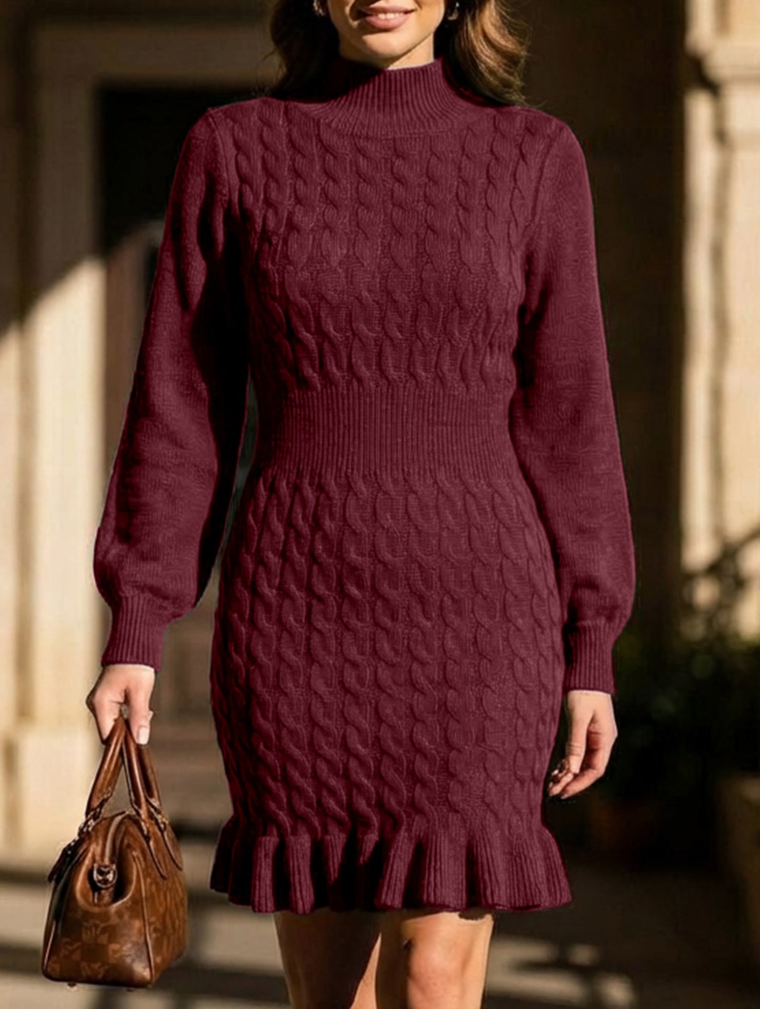 Fashionable cable knit waist-cinching sweater dress