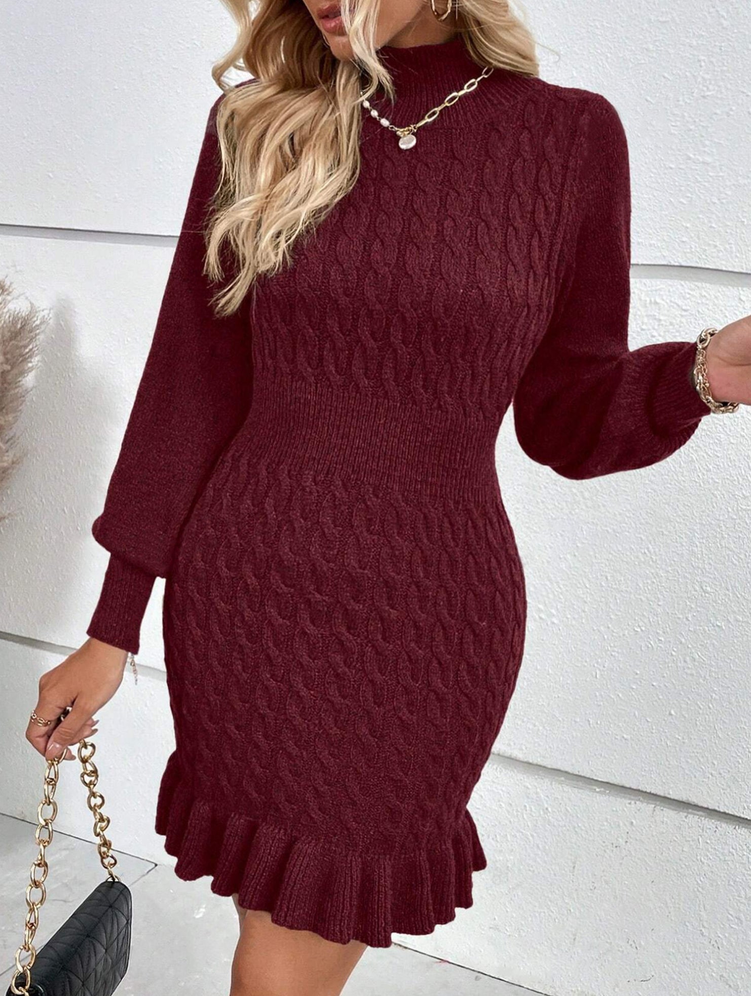 Fashionable cable knit waist-cinching sweater dress