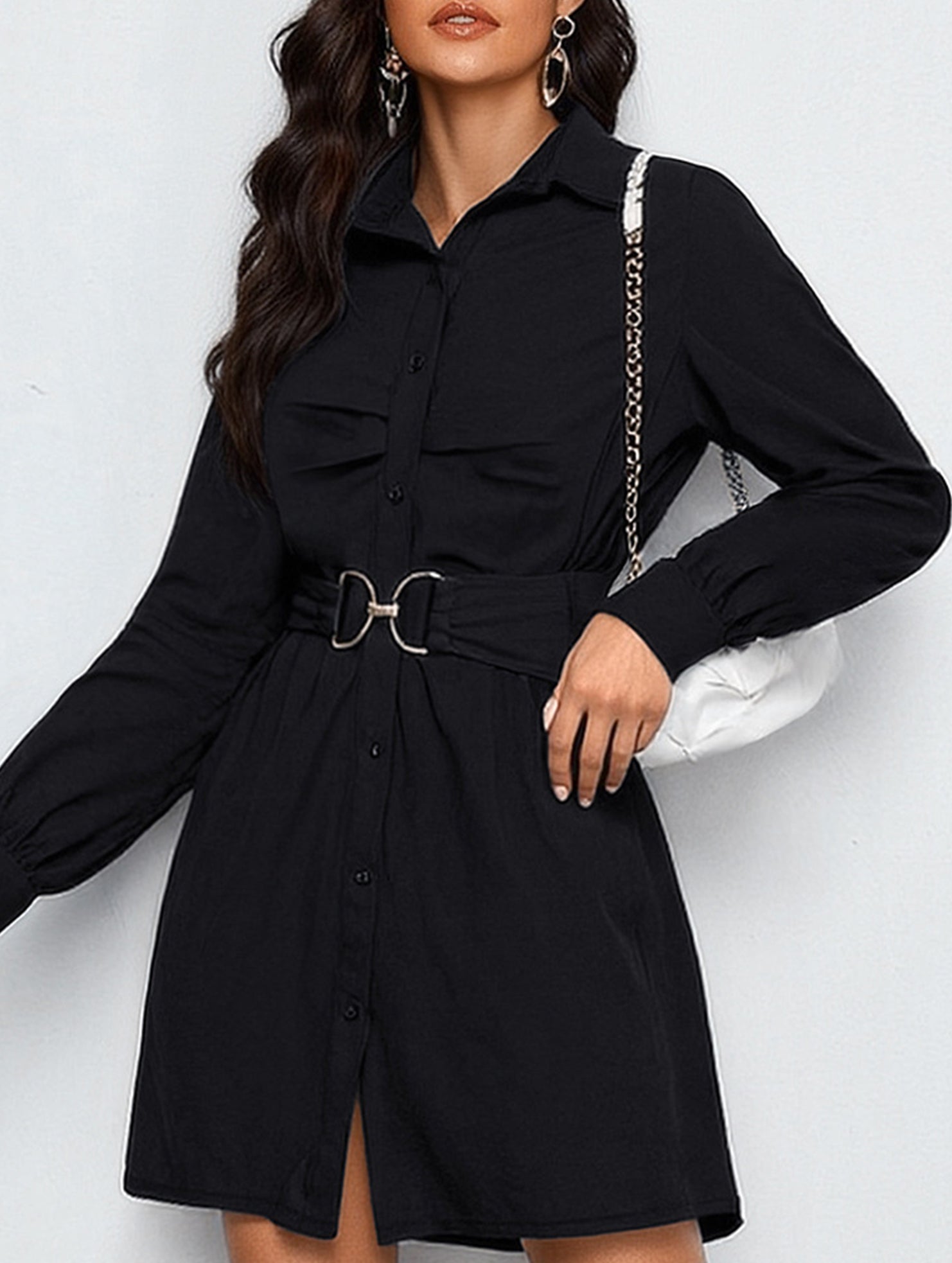 Black button-down long-sleeved collared dress