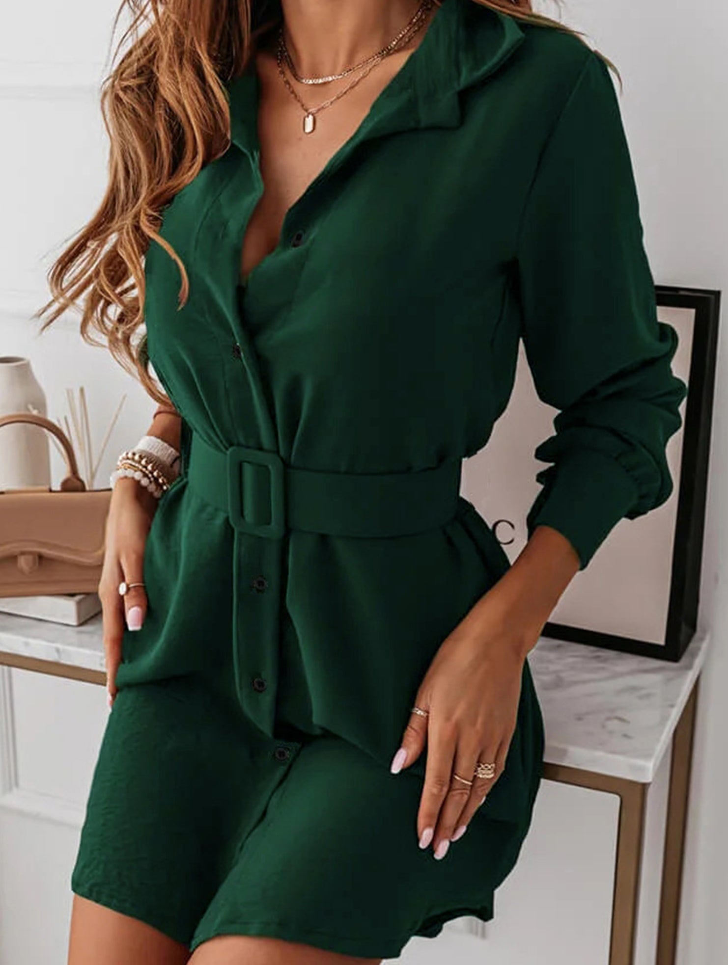 Single-breasted belted fitted lapel dress