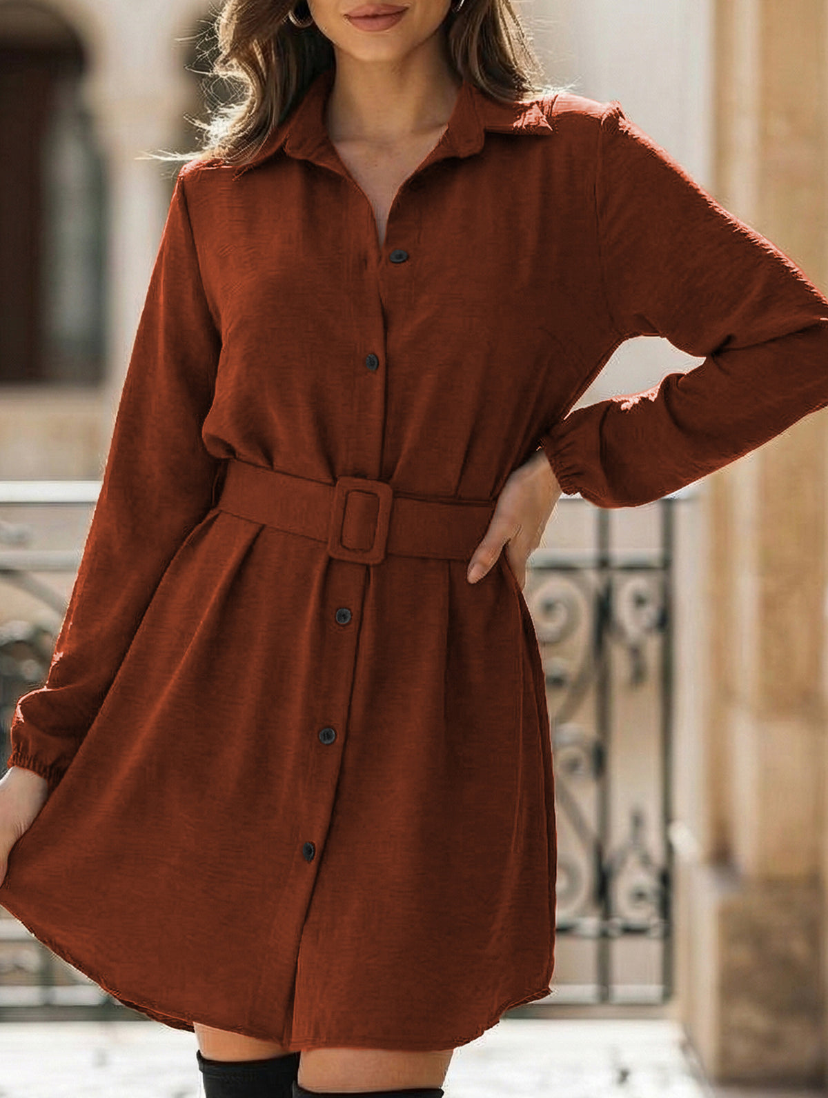 Single-breasted belted fitted lapel dress