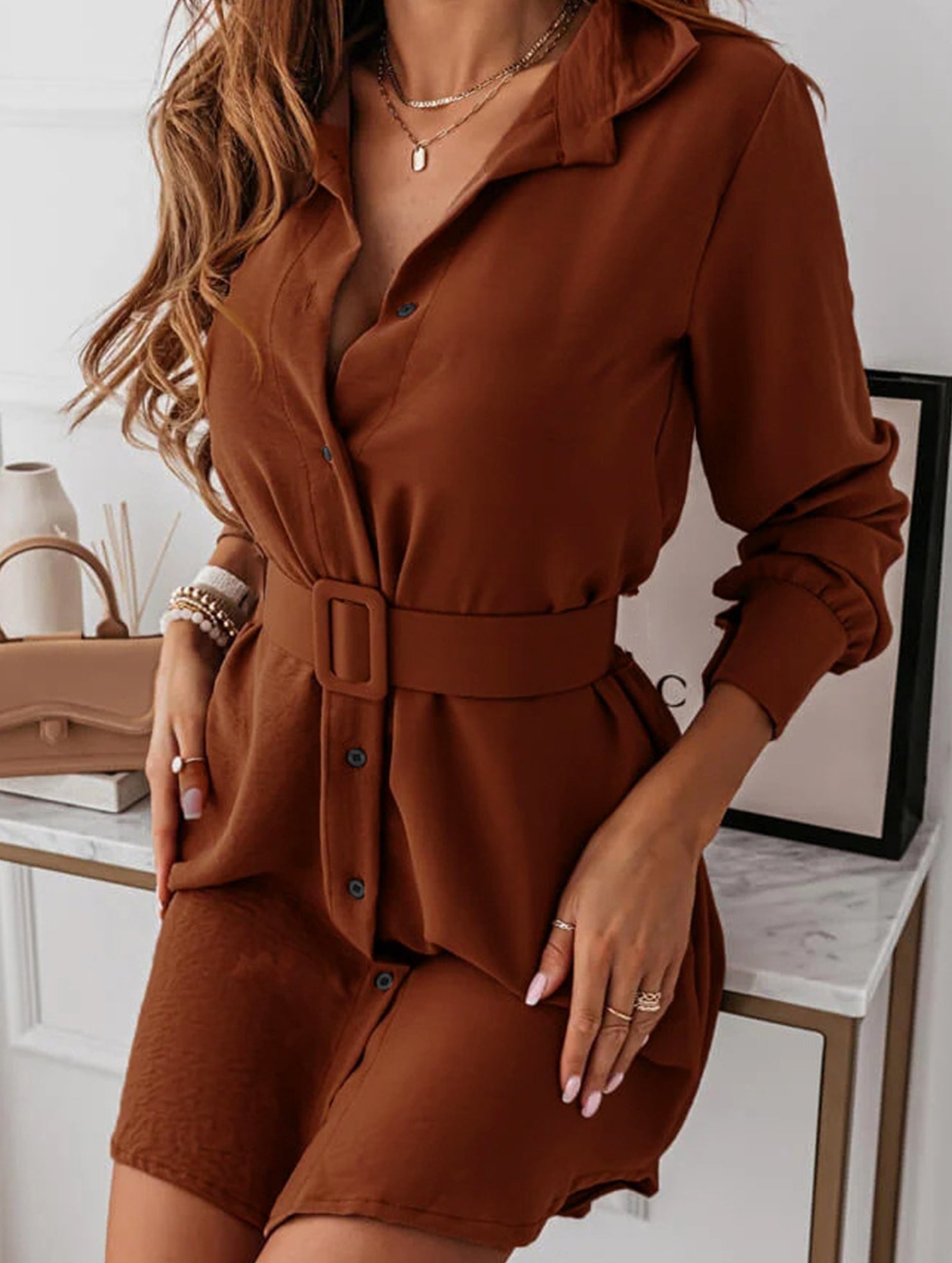 Single-breasted belted fitted lapel dress