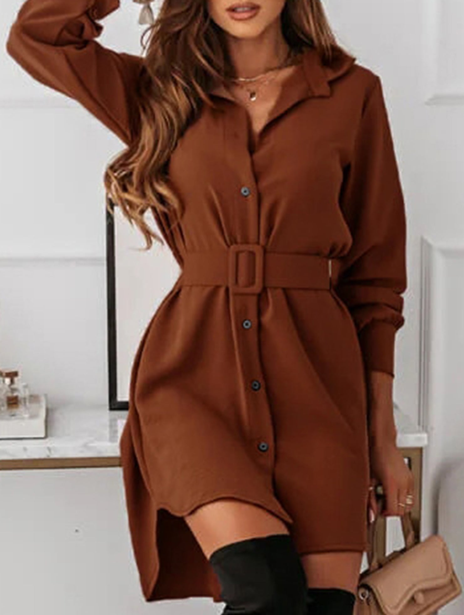 Single-breasted belted fitted lapel dress