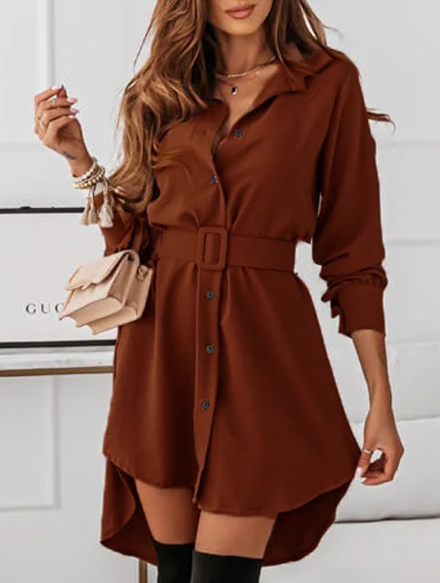Single-breasted belted fitted lapel dress