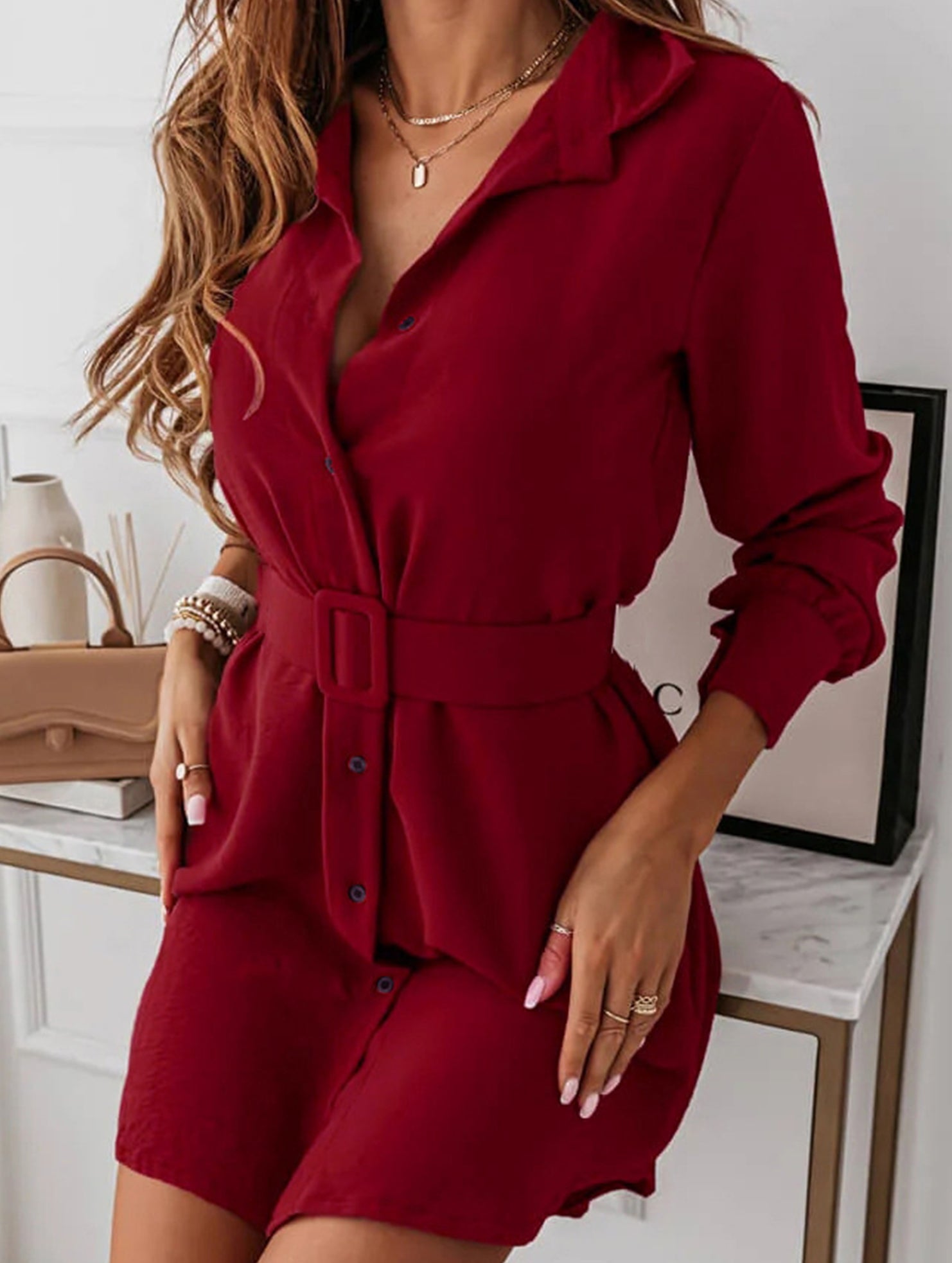 Single-breasted belted fitted lapel dress