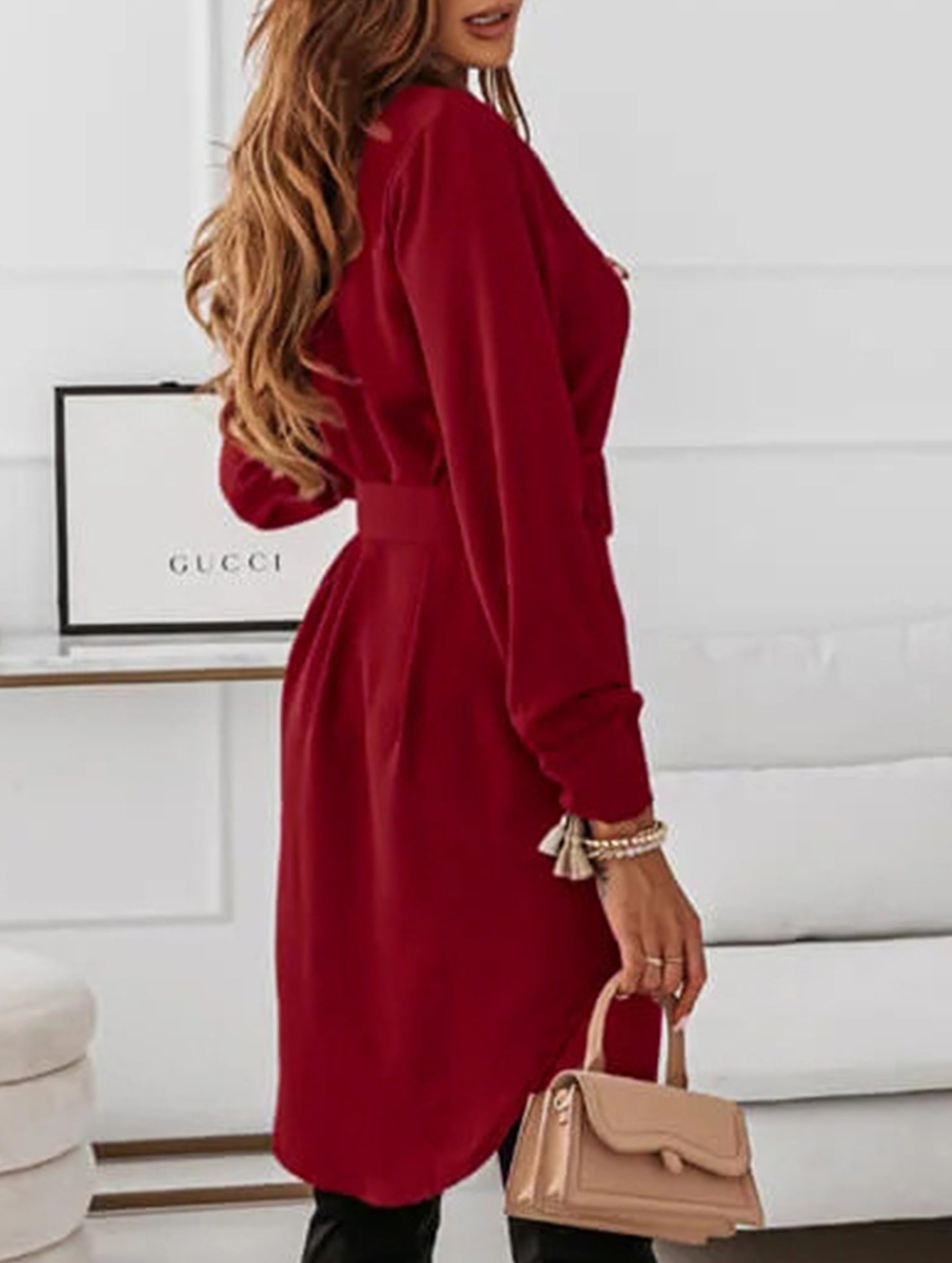 Single-breasted belted fitted lapel dress