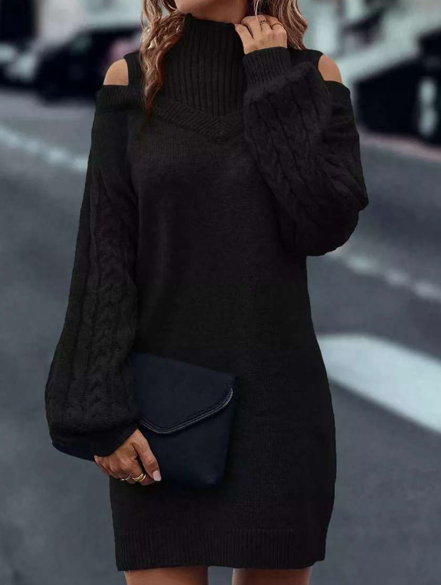 Off-the-shoulder loose mid-length sweater