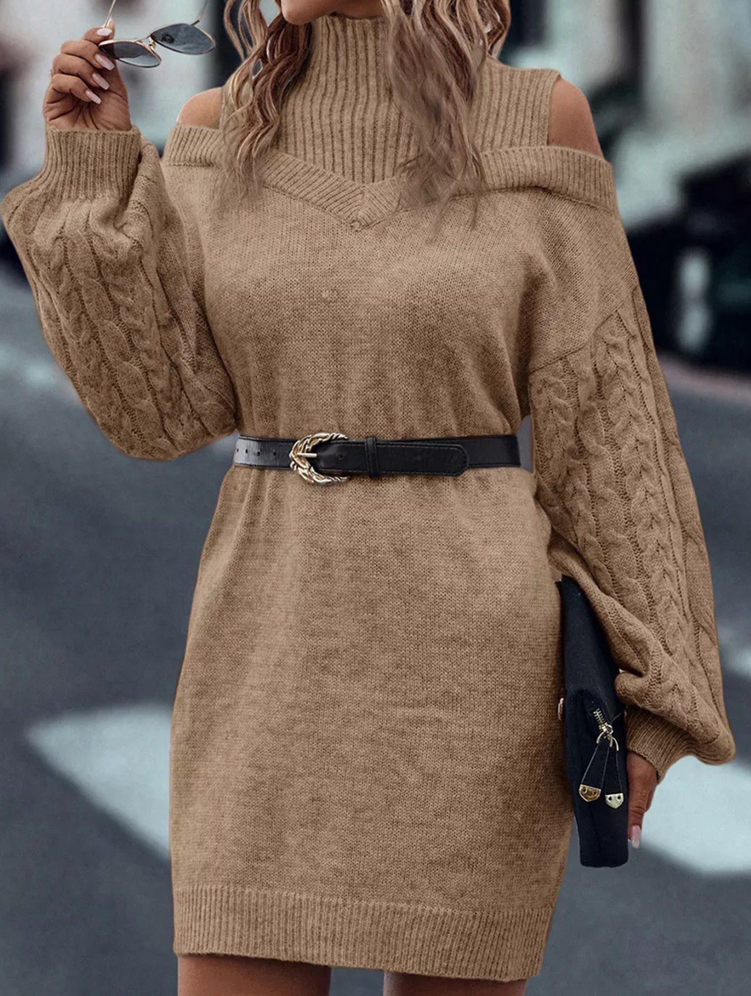 Off-the-shoulder loose mid-length sweater