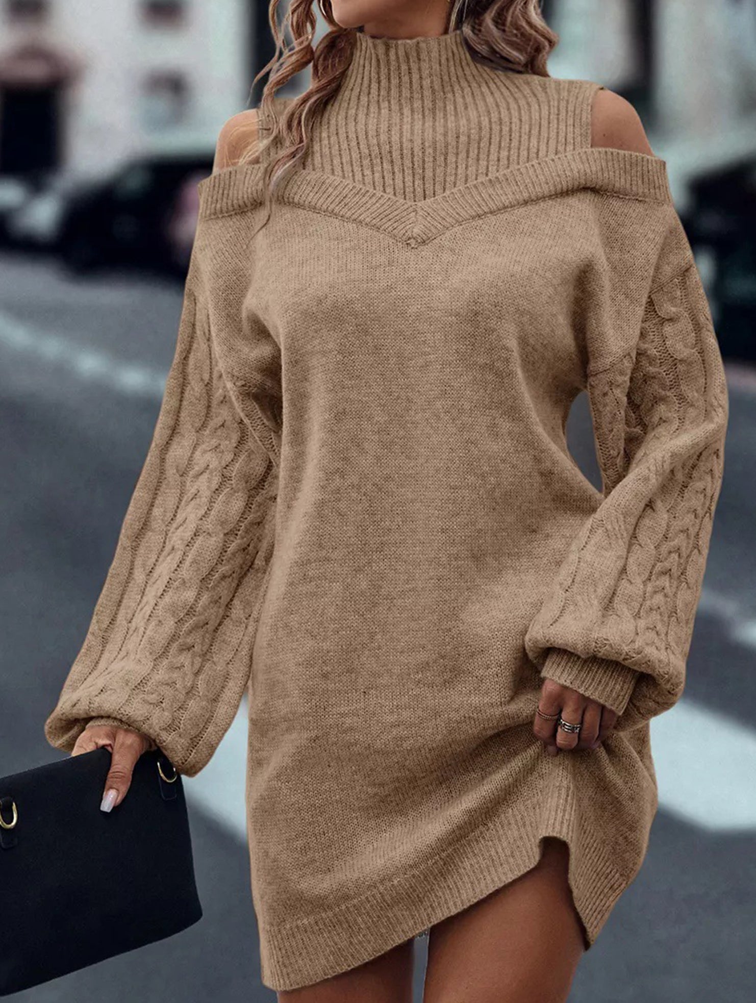 Off-the-shoulder loose mid-length sweater