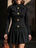 High-neck bow button dress