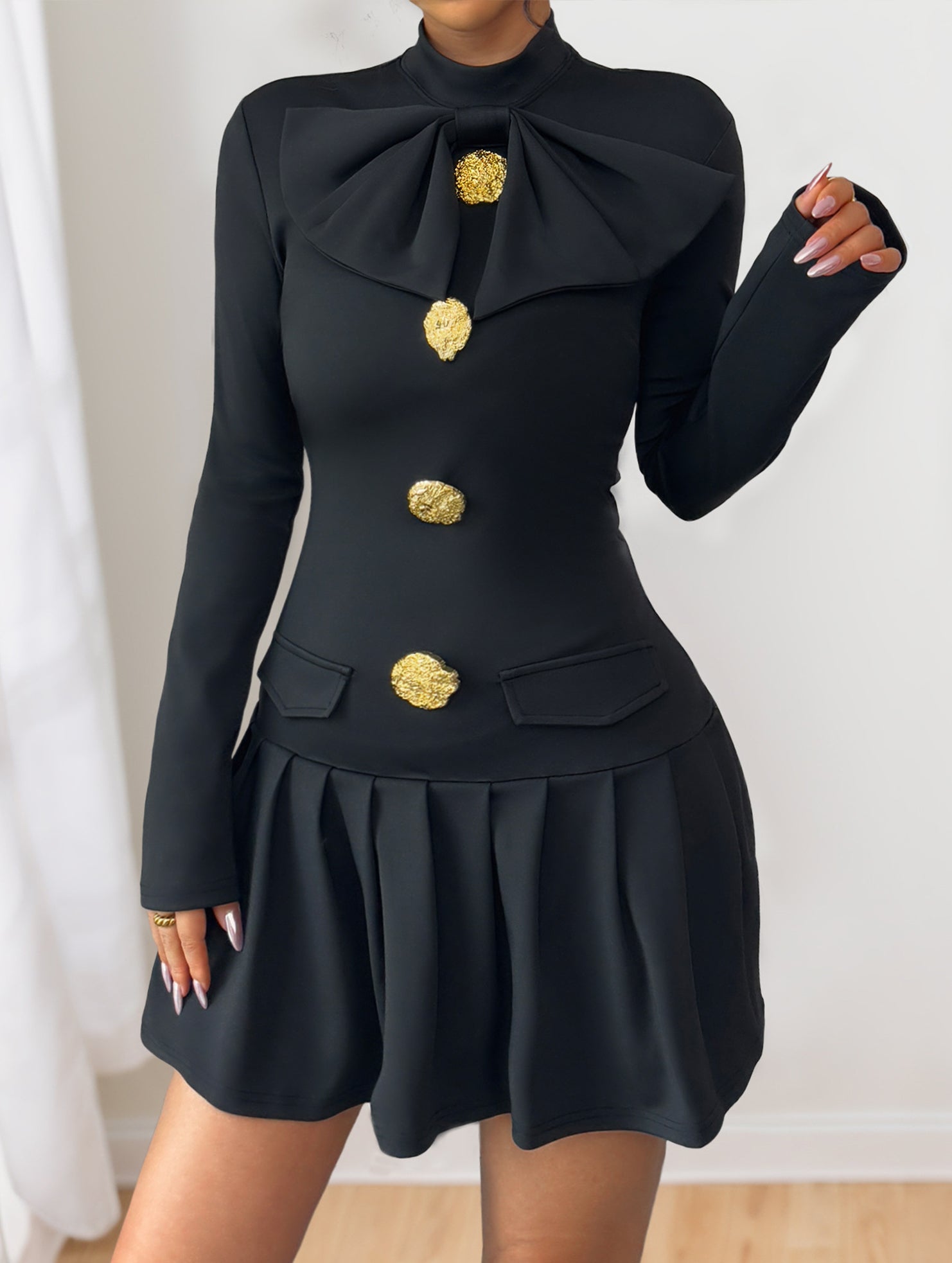 High-neck bow button dress