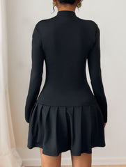 High-neck bow button dress