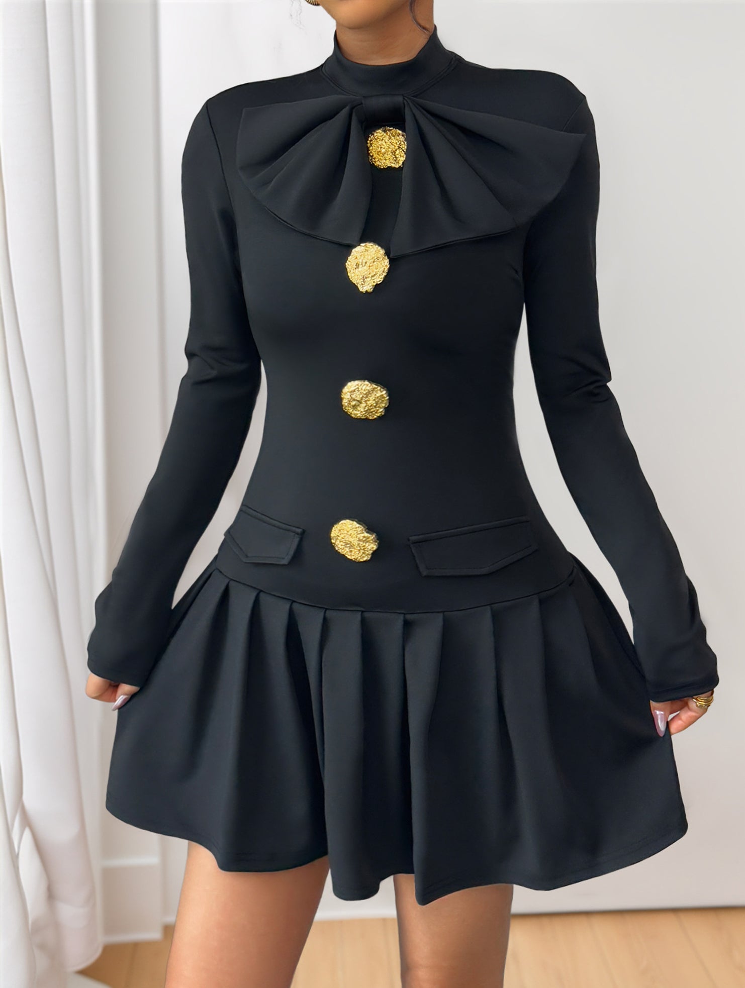 High-neck bow button dress