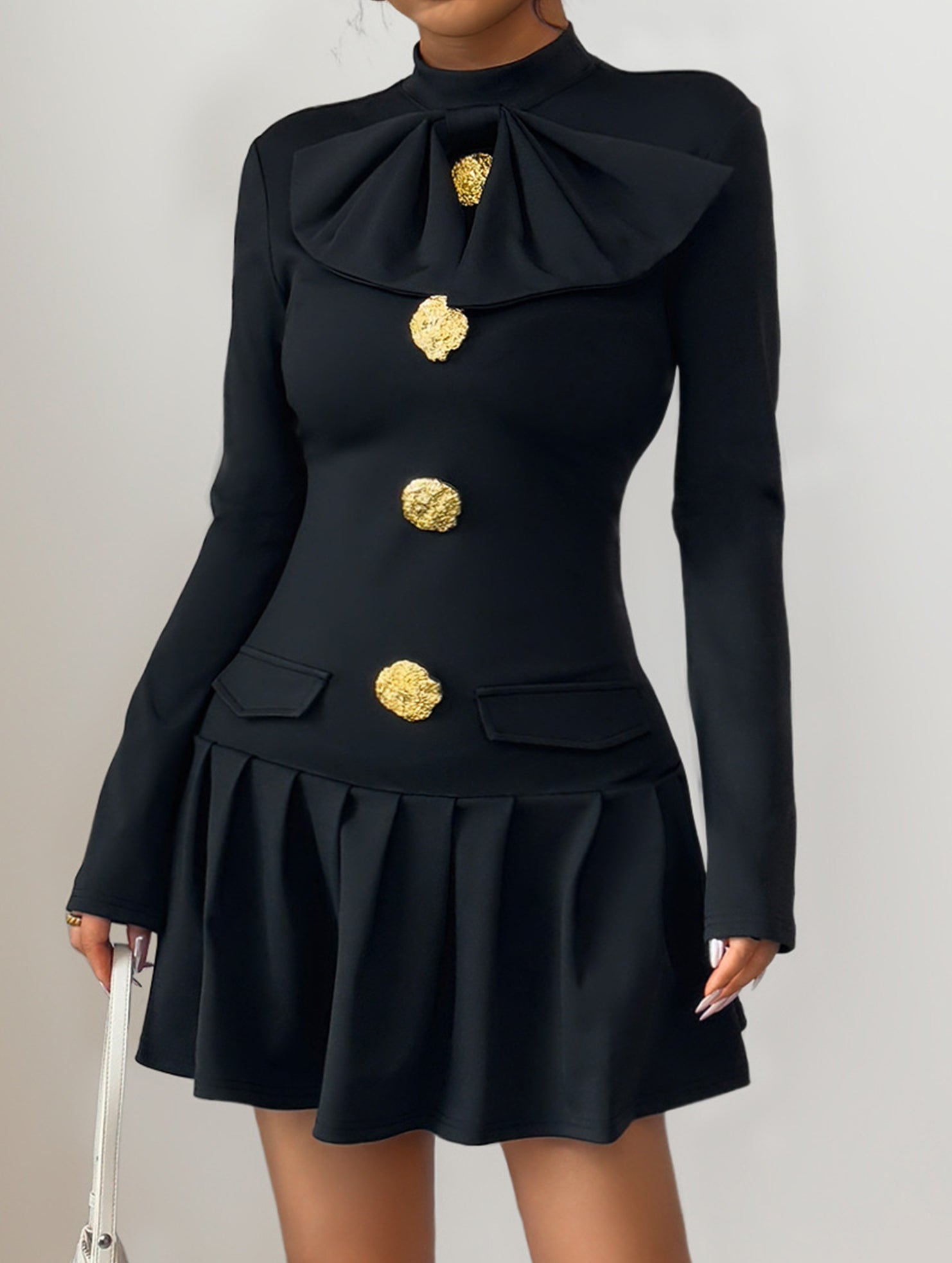 High-neck bow button dress