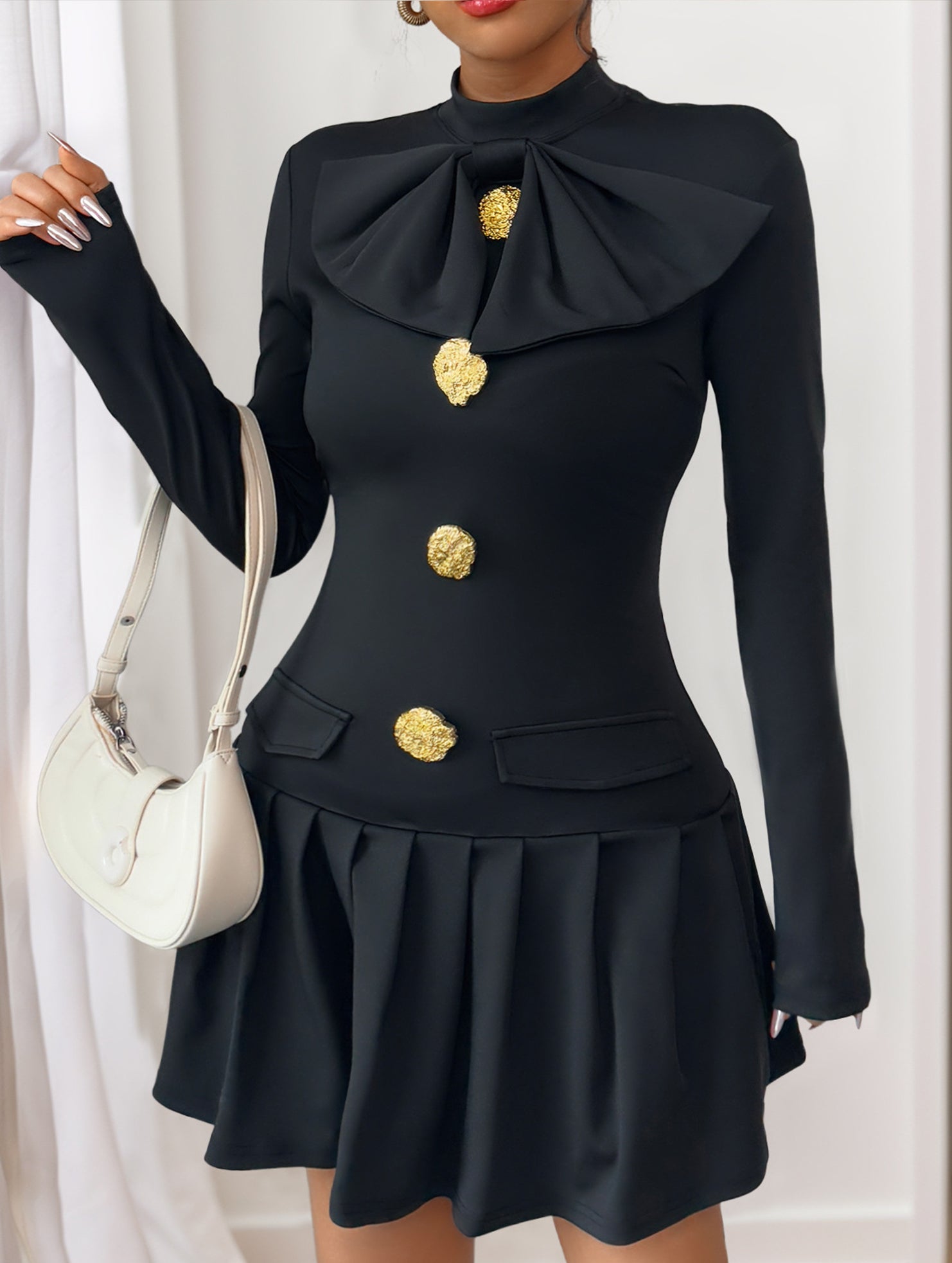 High-neck bow button dress