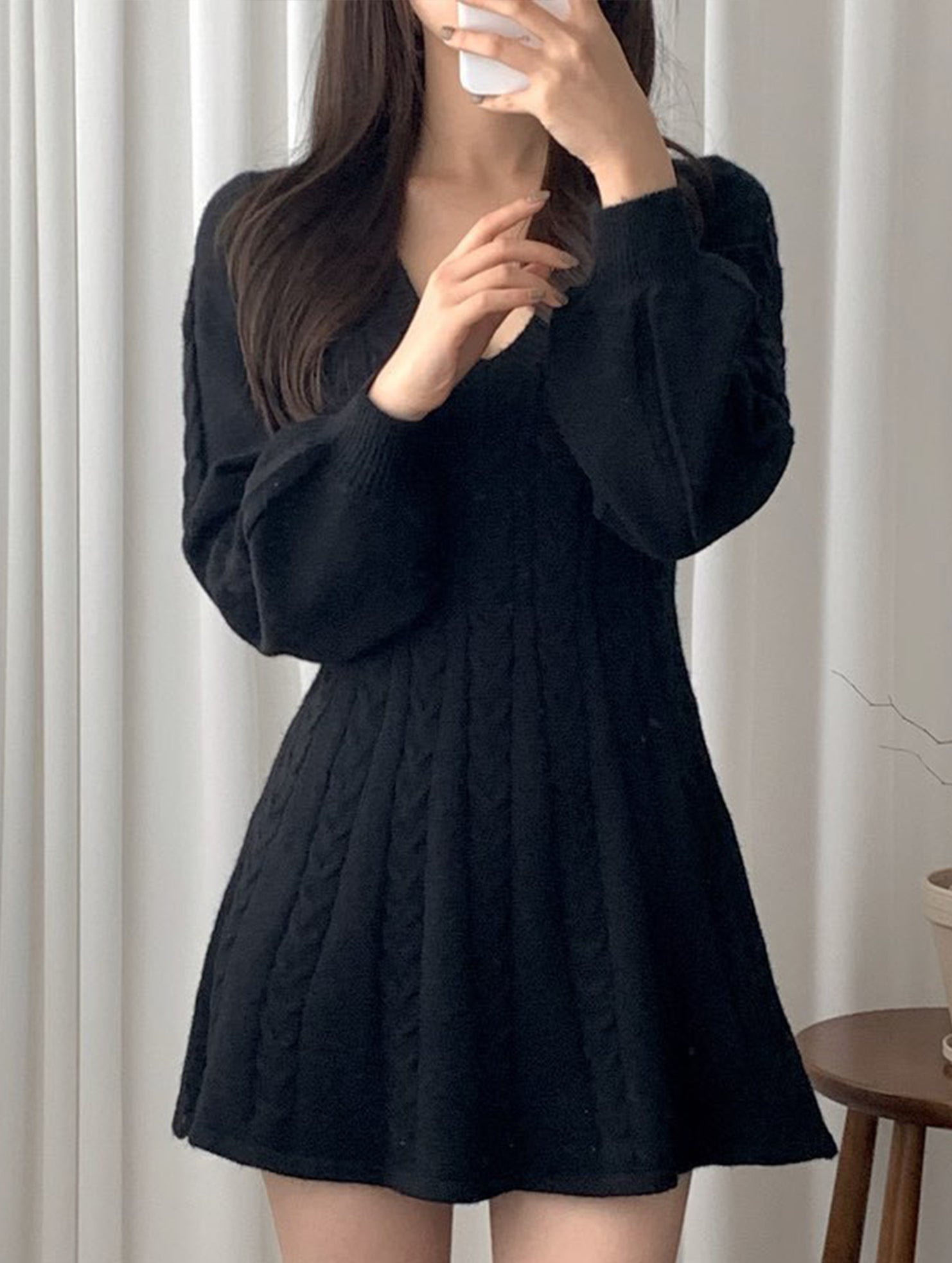 Retro cable knit V-neck fitted dress