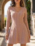 Retro cable knit V-neck fitted dress