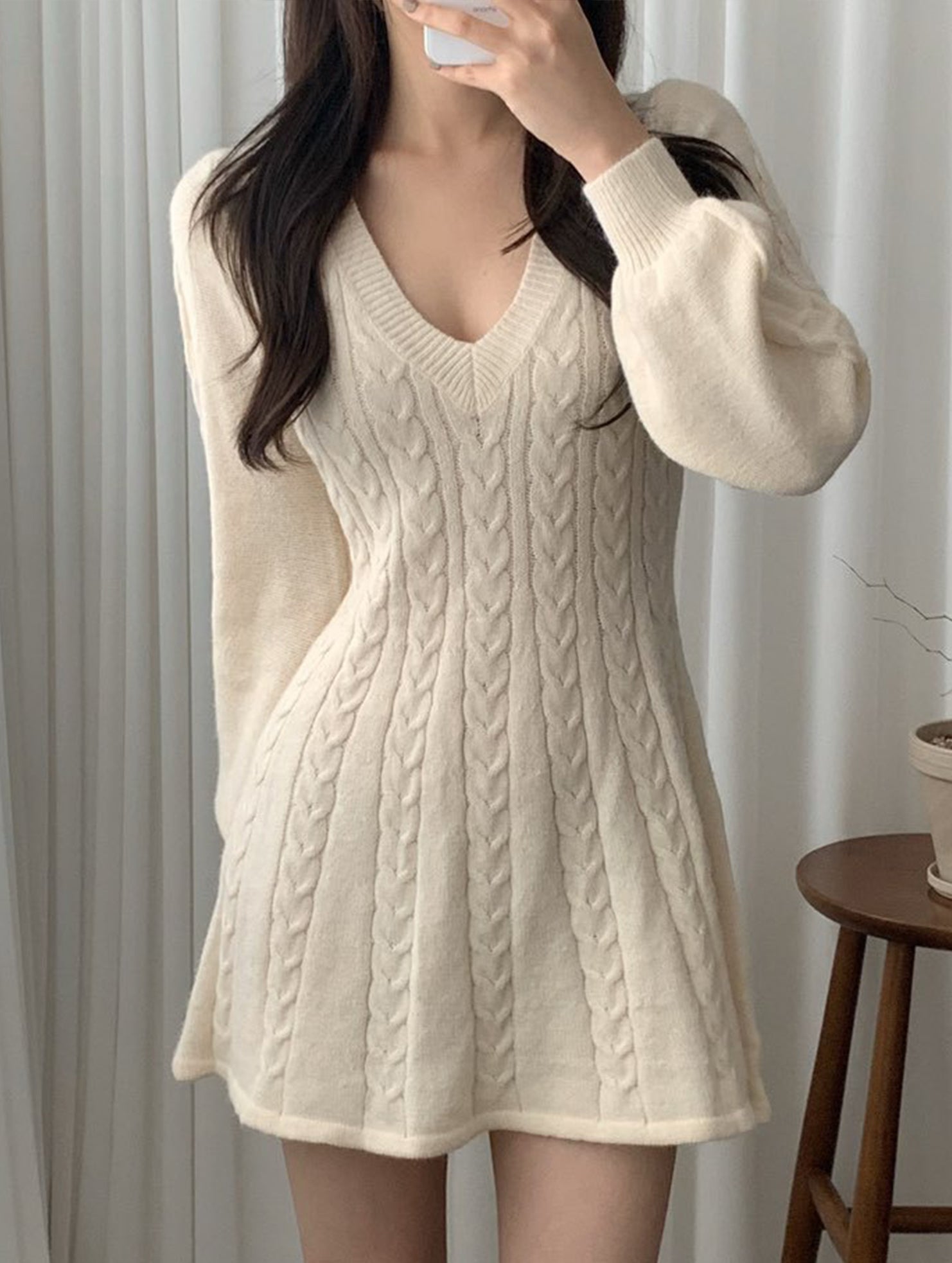 Retro cable knit V-neck fitted dress