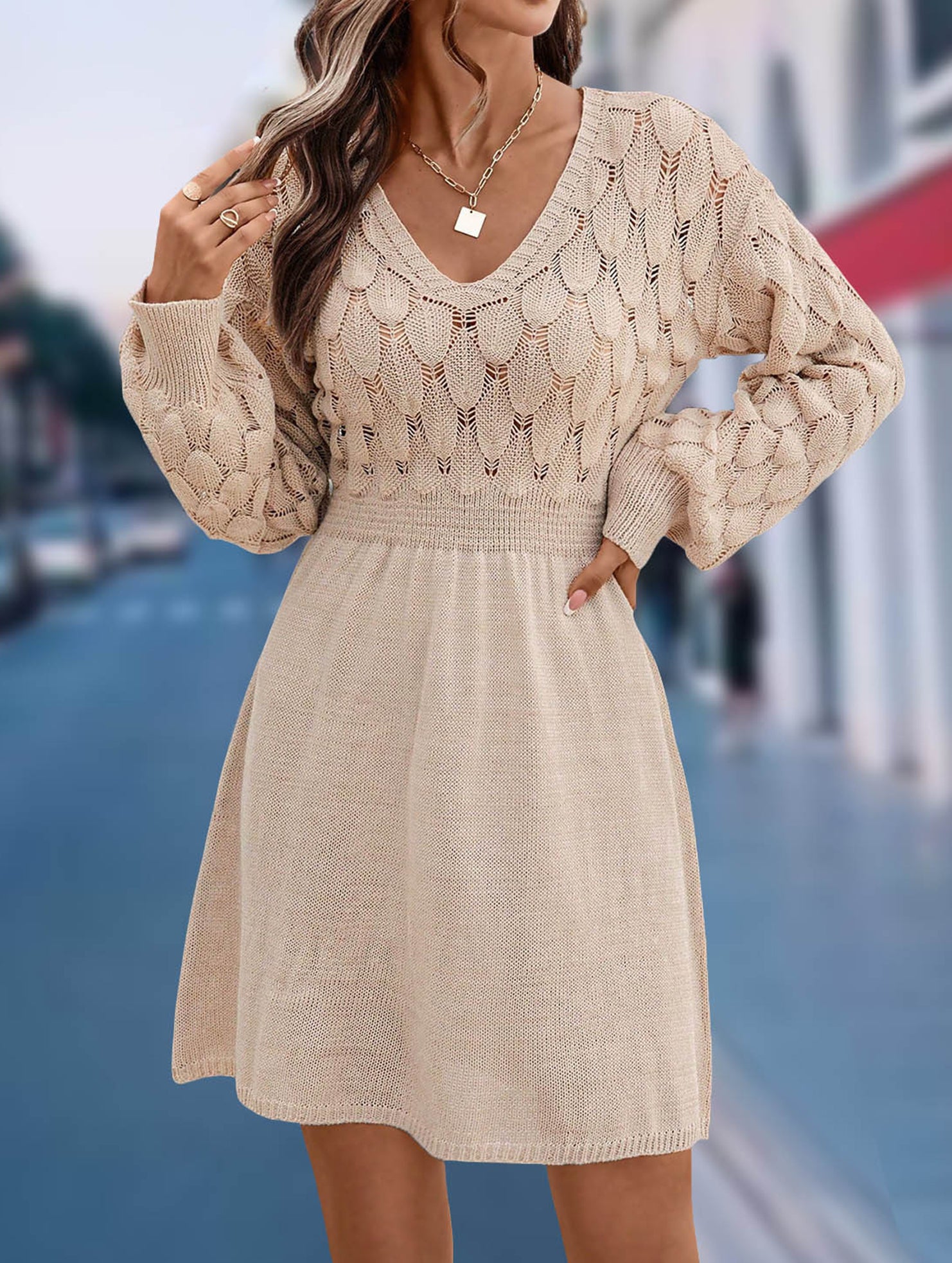 Crochet V Neck A Line Beach Dress_CWDSD11305