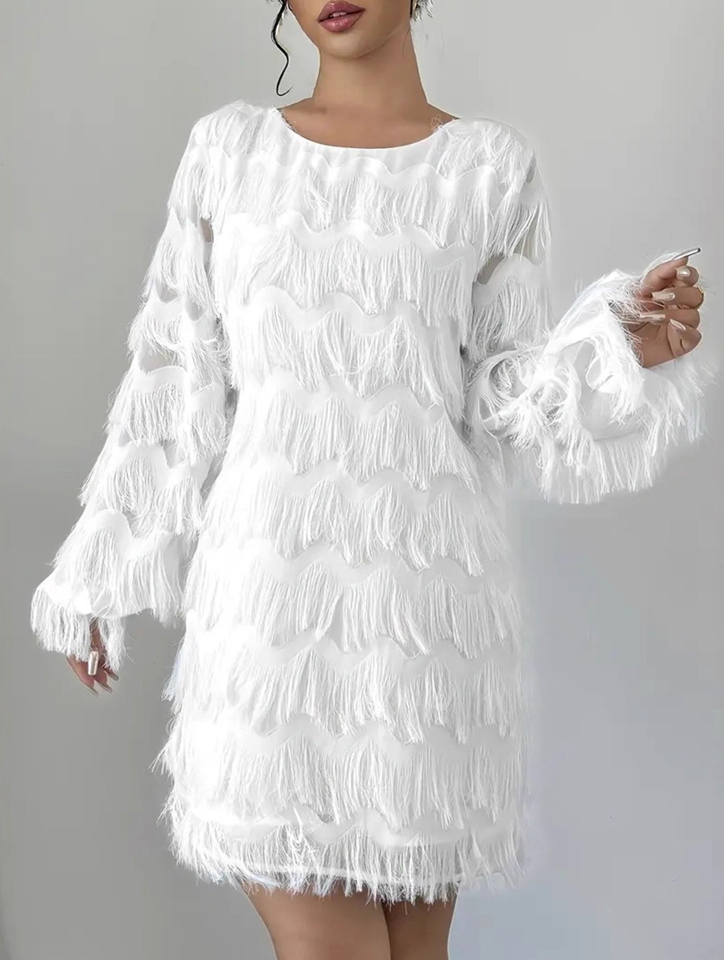White Long Sleeve Mini Party Dress_CWDSD11358