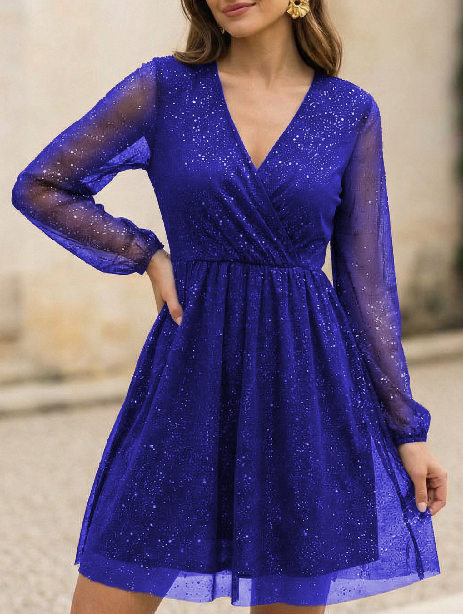 V Neck Mesh Patchwork Elegant Maxi Dress_CWDSD11401