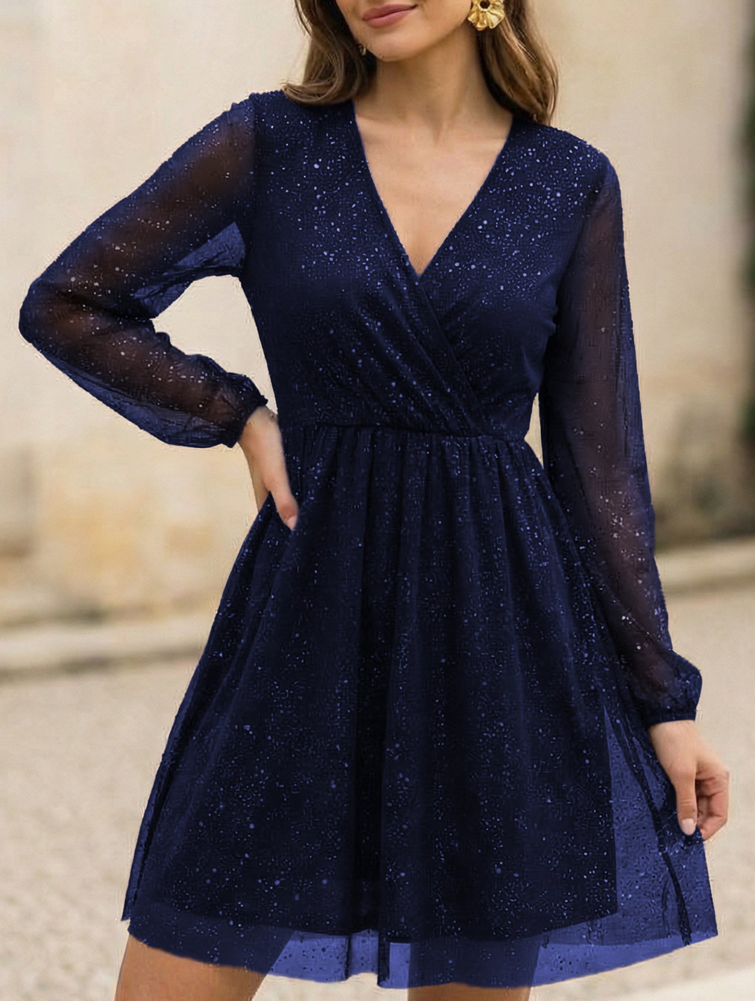 V Neck Mesh Patchwork Elegant Maxi Dress_CWDSD11401