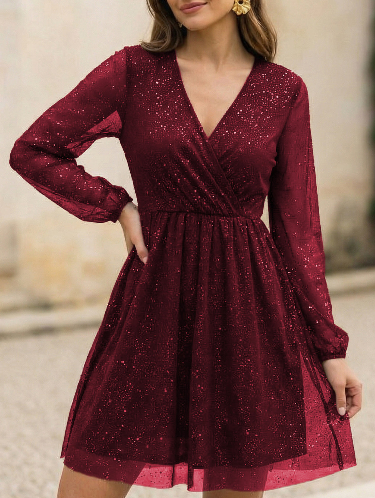 V Neck Mesh Patchwork Elegant Maxi Dress_CWDSD11401