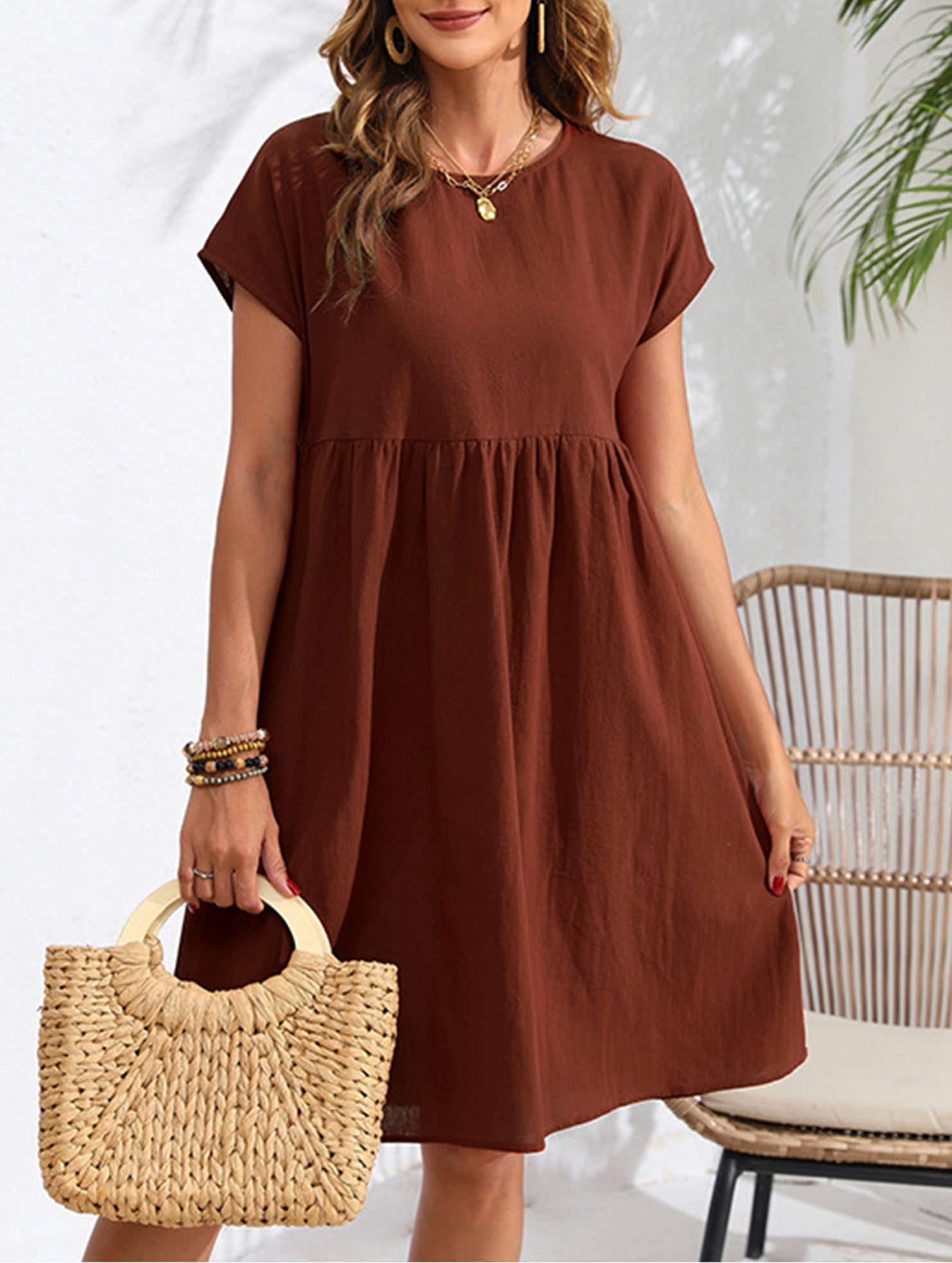 Summer chic round neck A-line dress with pockets