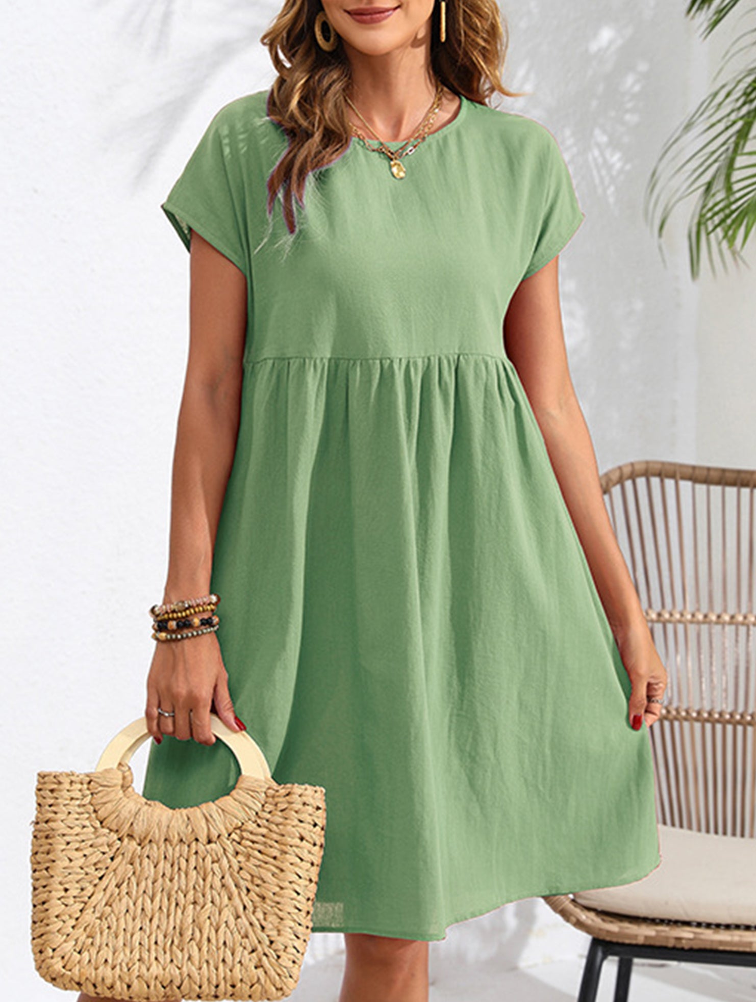 Summer chic round neck A-line dress with pockets
