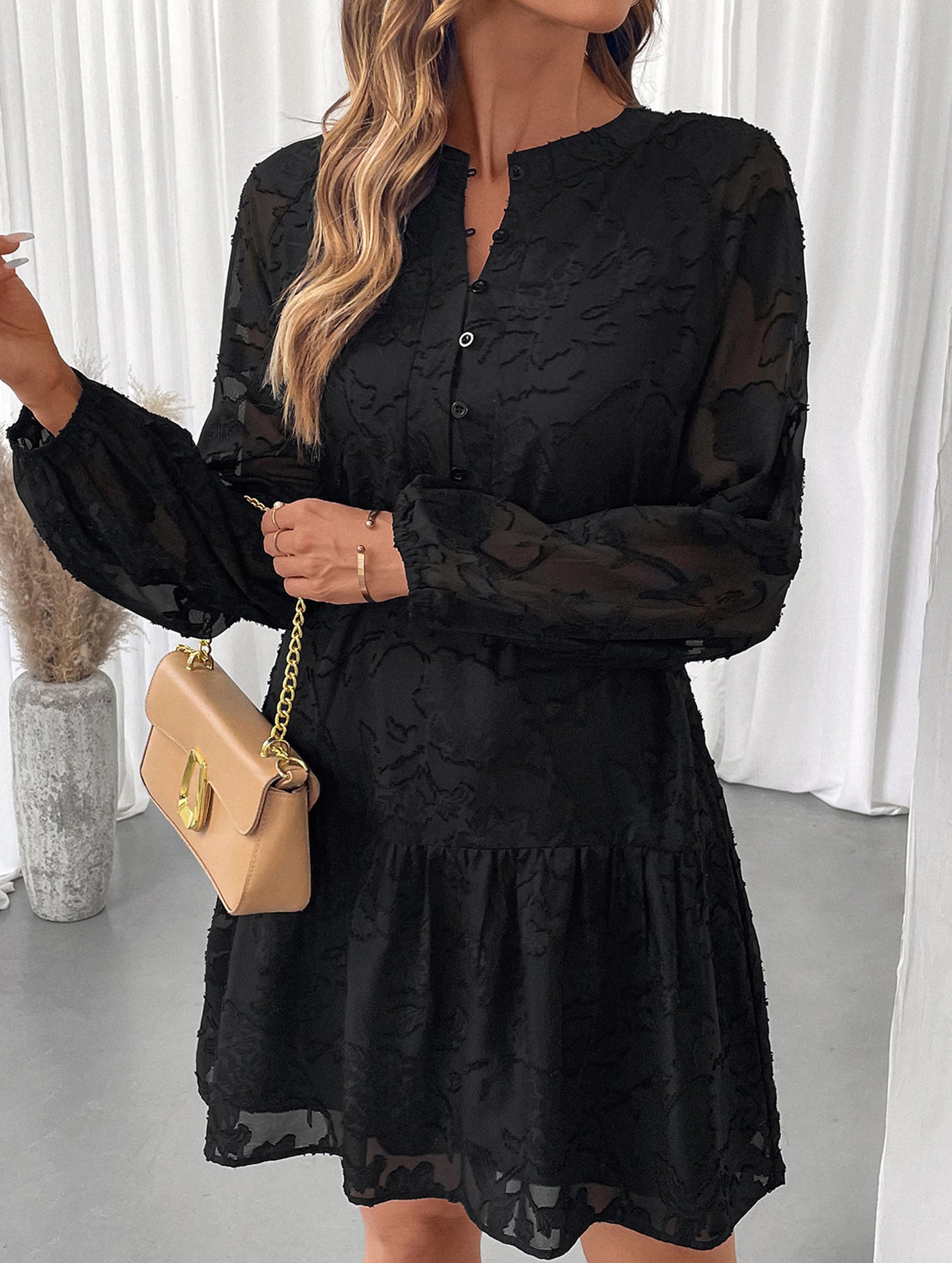 Black Jacquard Long Sleeve Mini Dress_CWDSD11425