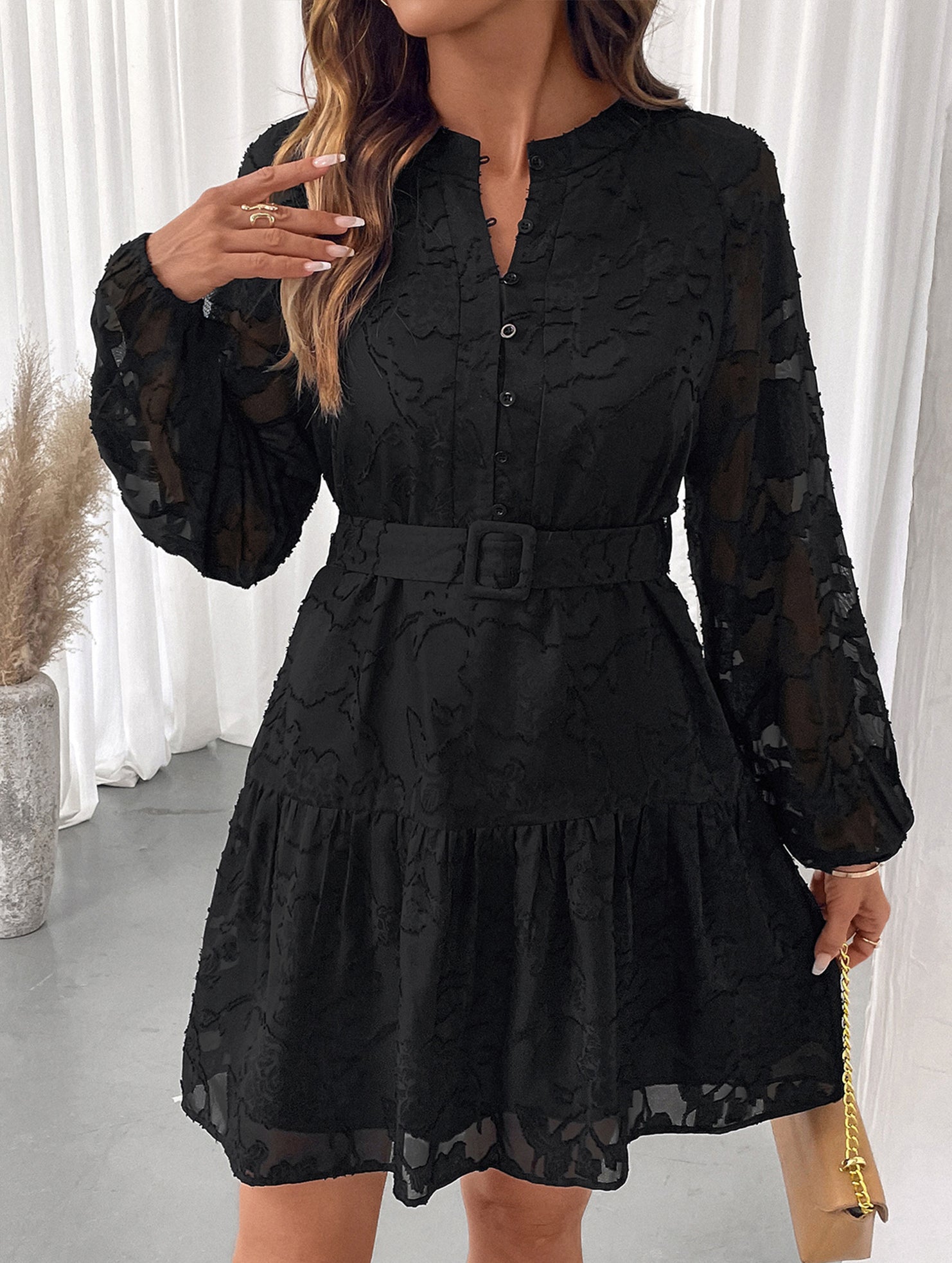 Black Jacquard Long Sleeve Mini Dress_CWDSD11425