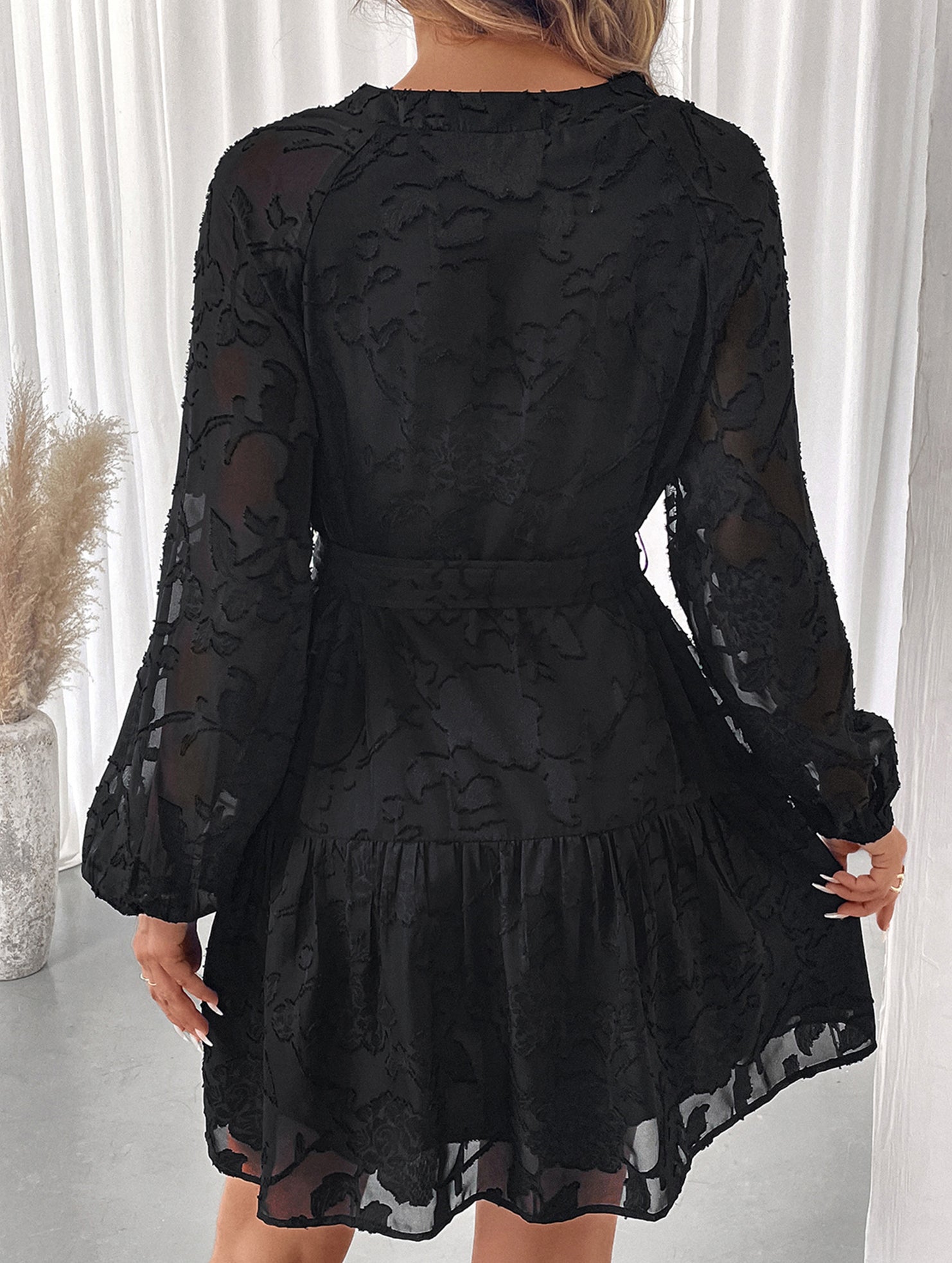 Black Jacquard Long Sleeve Mini Dress_CWDSD11425