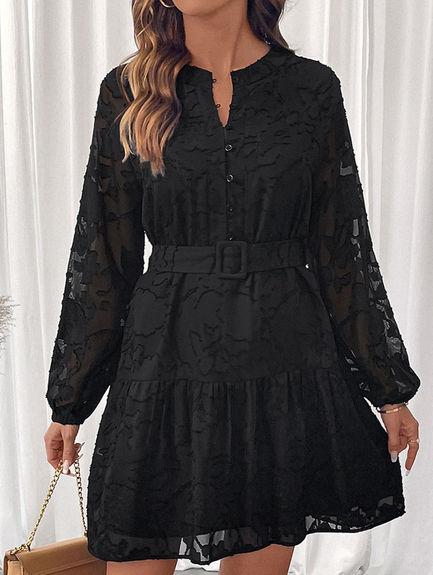 Black Jacquard Long Sleeve Mini Dress_CWDSD11425