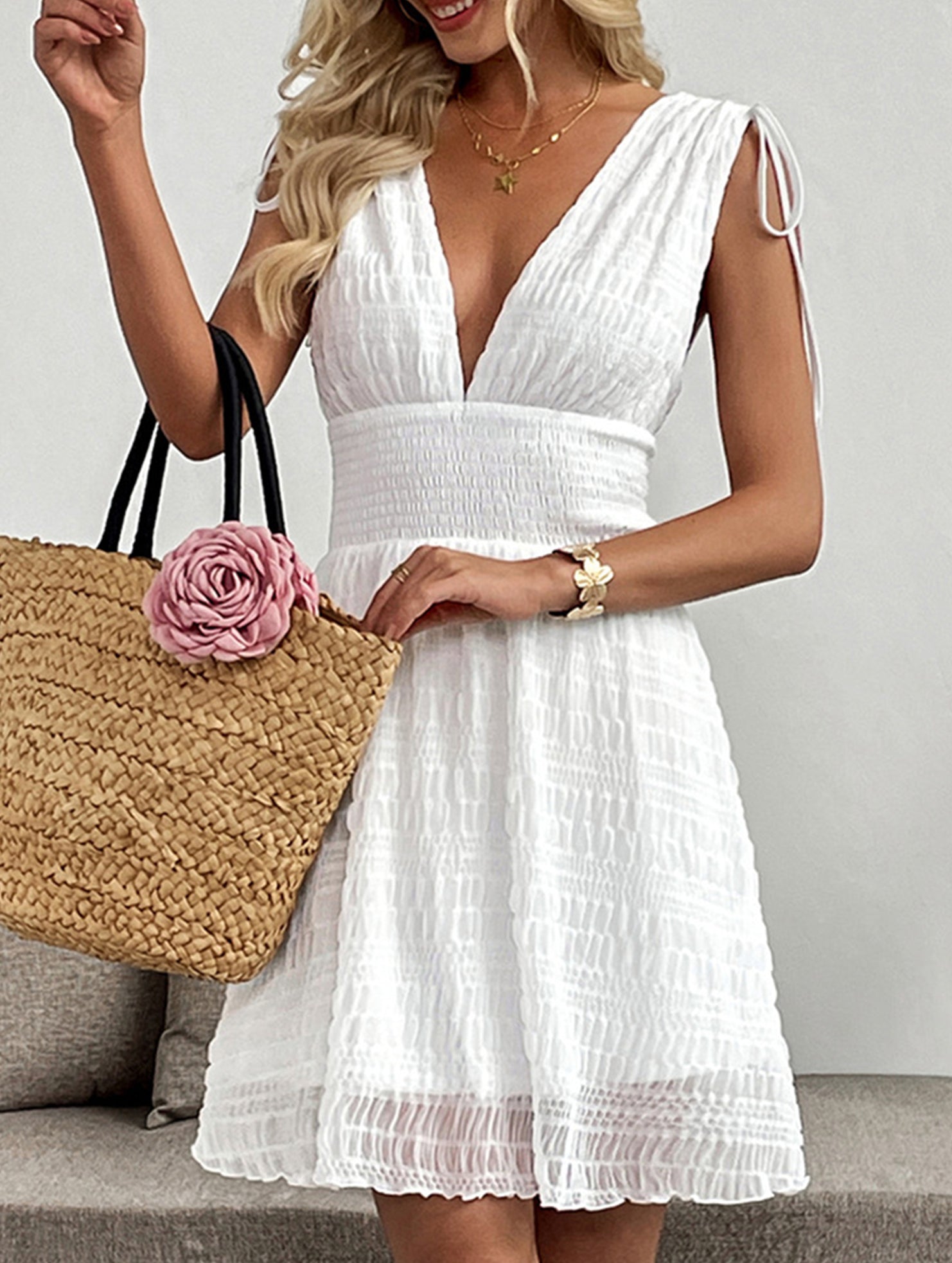 White V Neck Strap Mini Vacation Dress