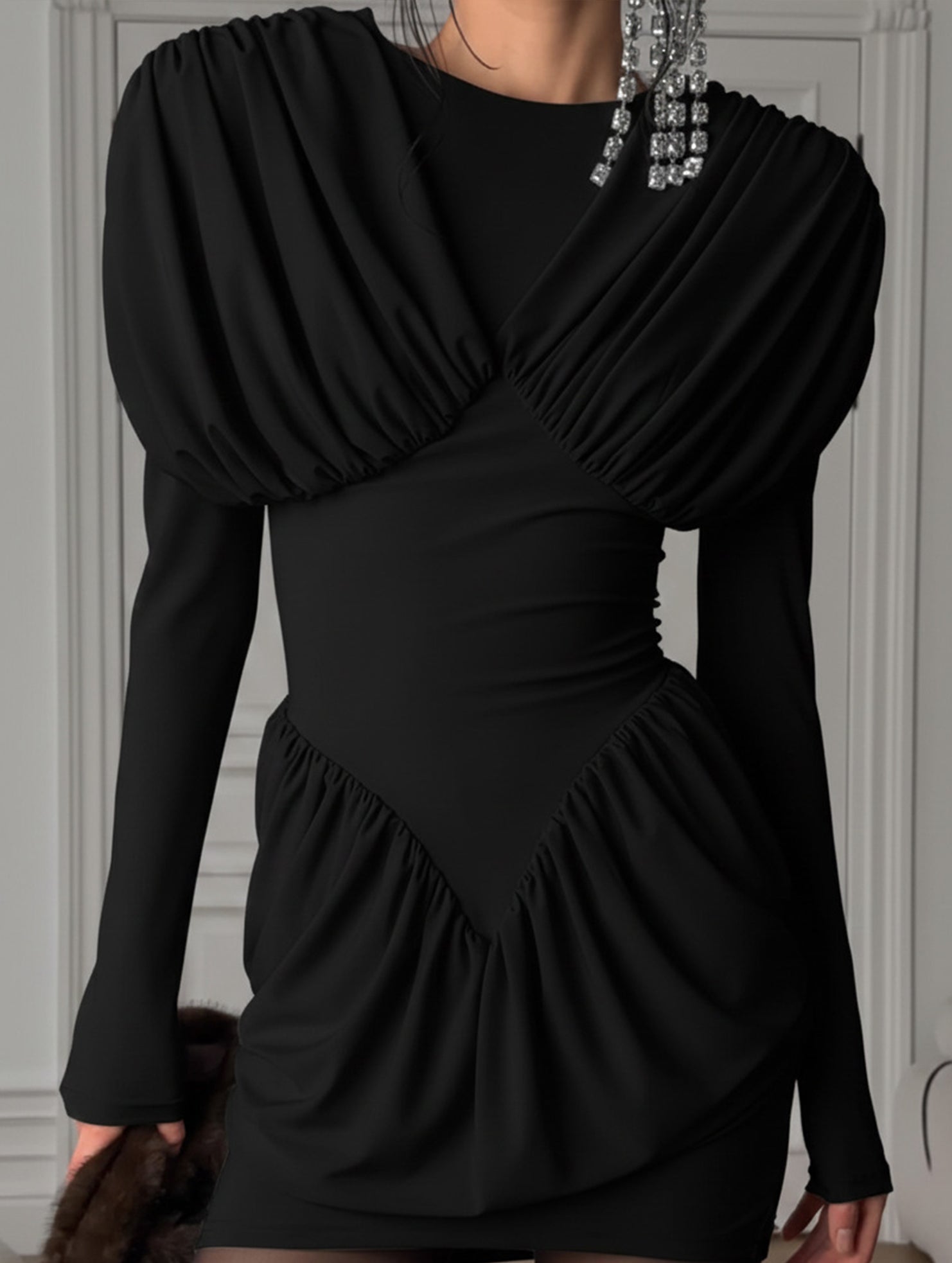 Slim Fit Bodycon Mini Dress with Ruffle Sleeves_CWDSD11446