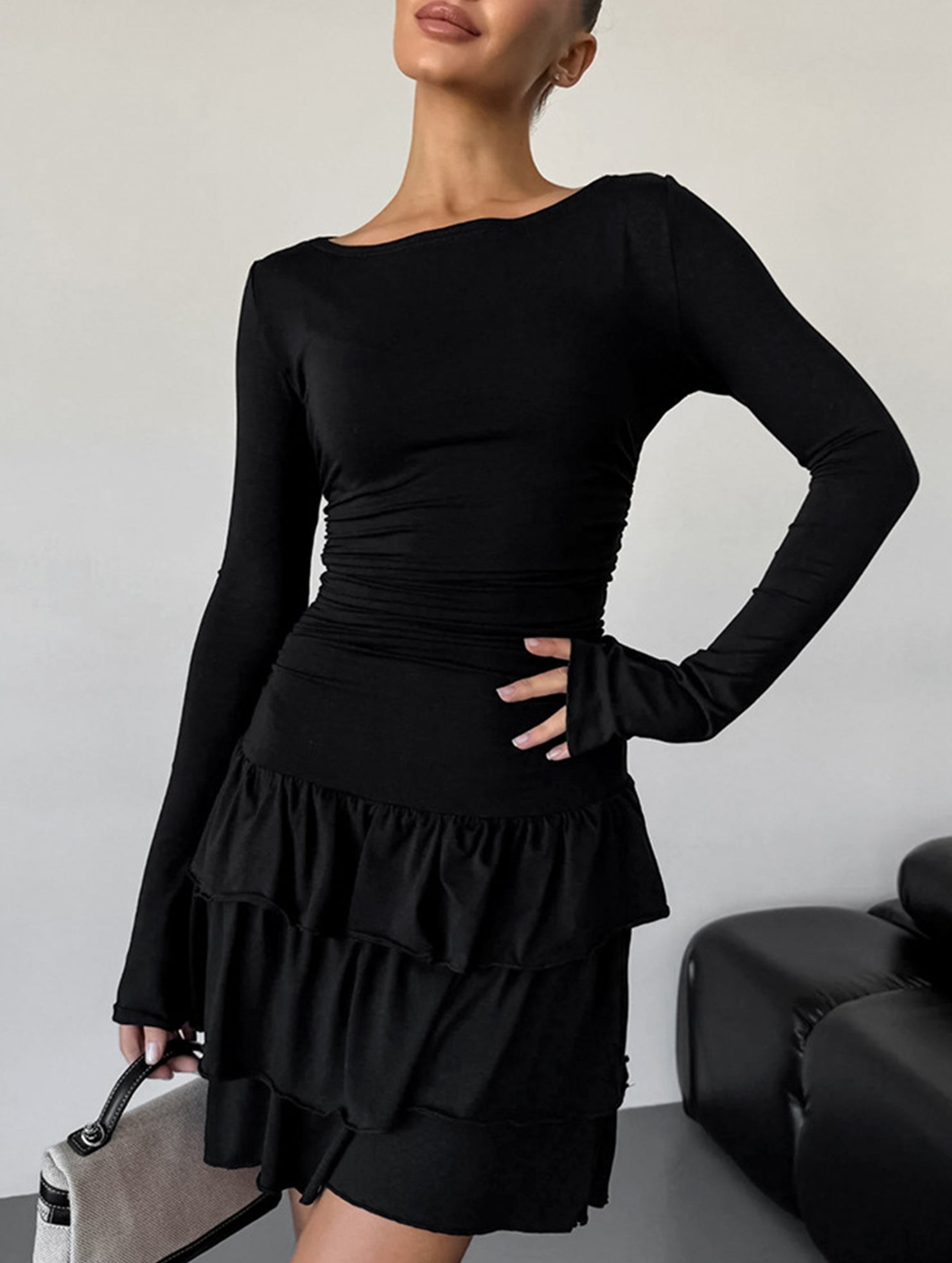 Waist Cinched Ruffle Long Sleeve Work Dress_CWDSD11447