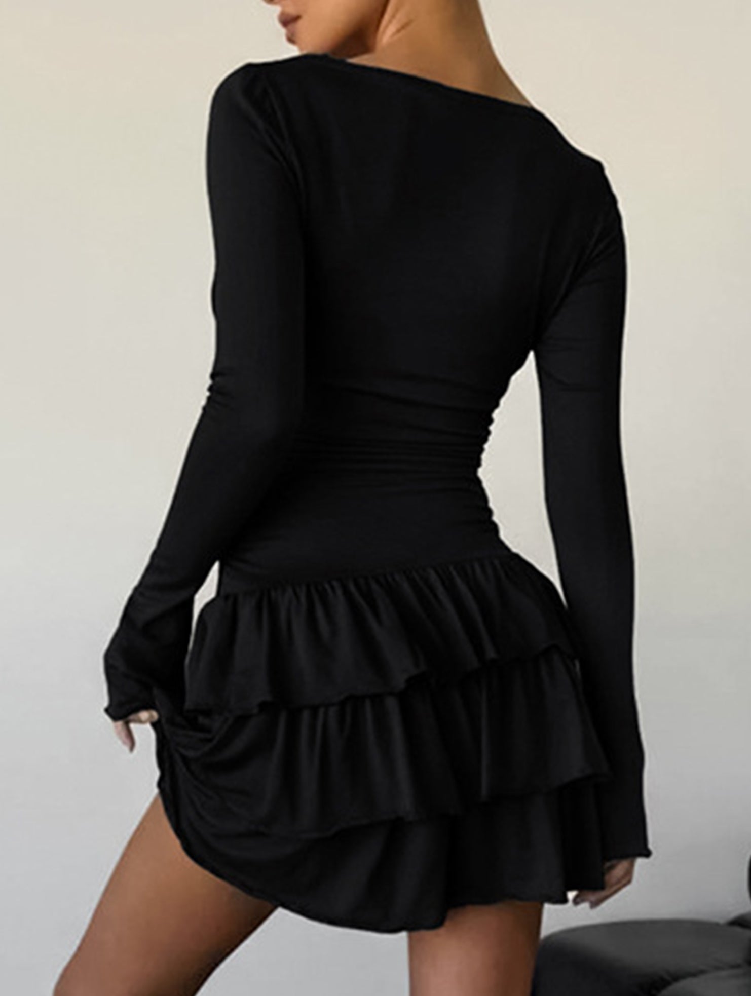 Waist Cinched Ruffle Long Sleeve Work Dress_CWDSD11447