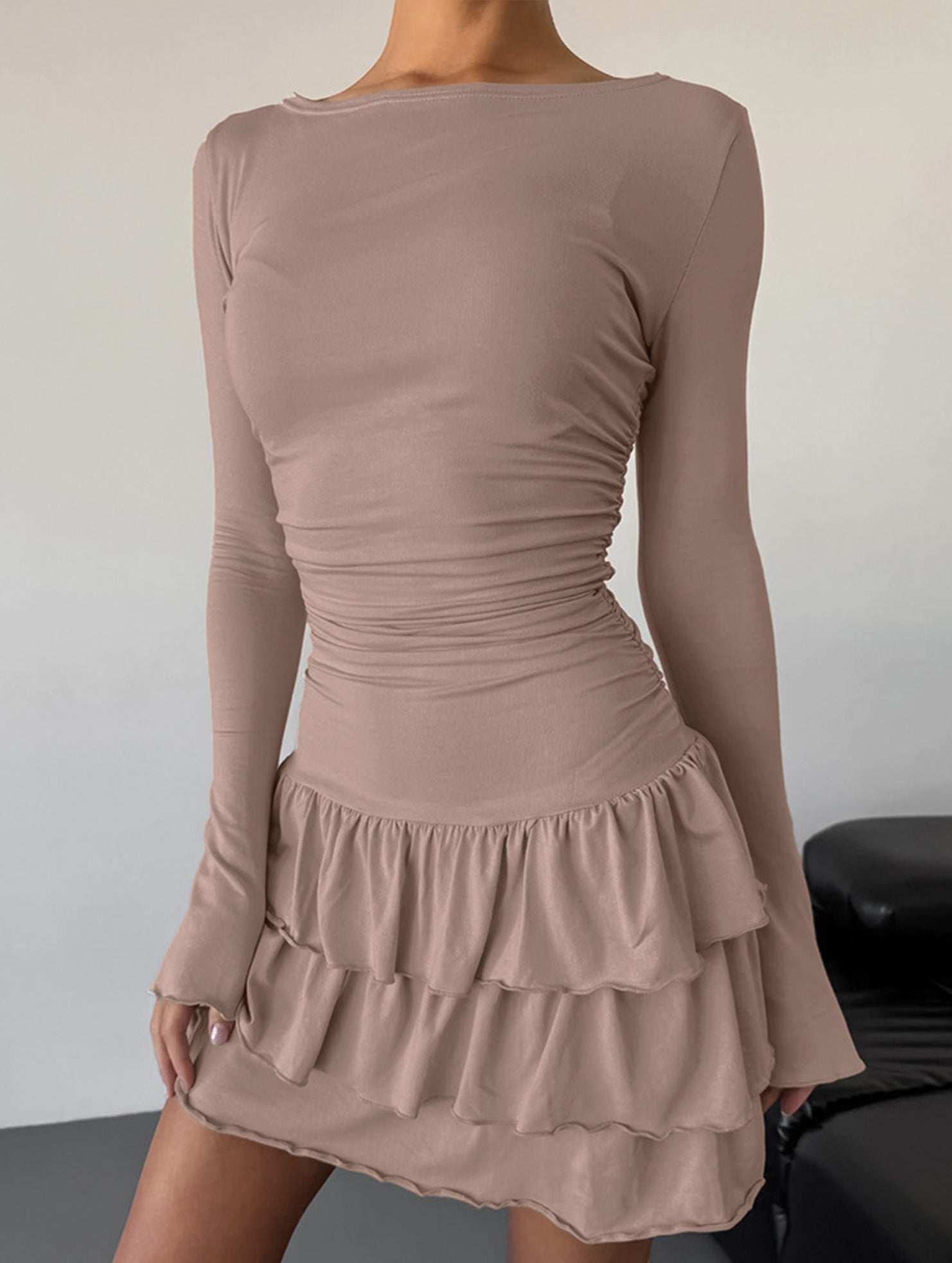 Waist Cinched Ruffle Long Sleeve Work Dress_CWDSD11447