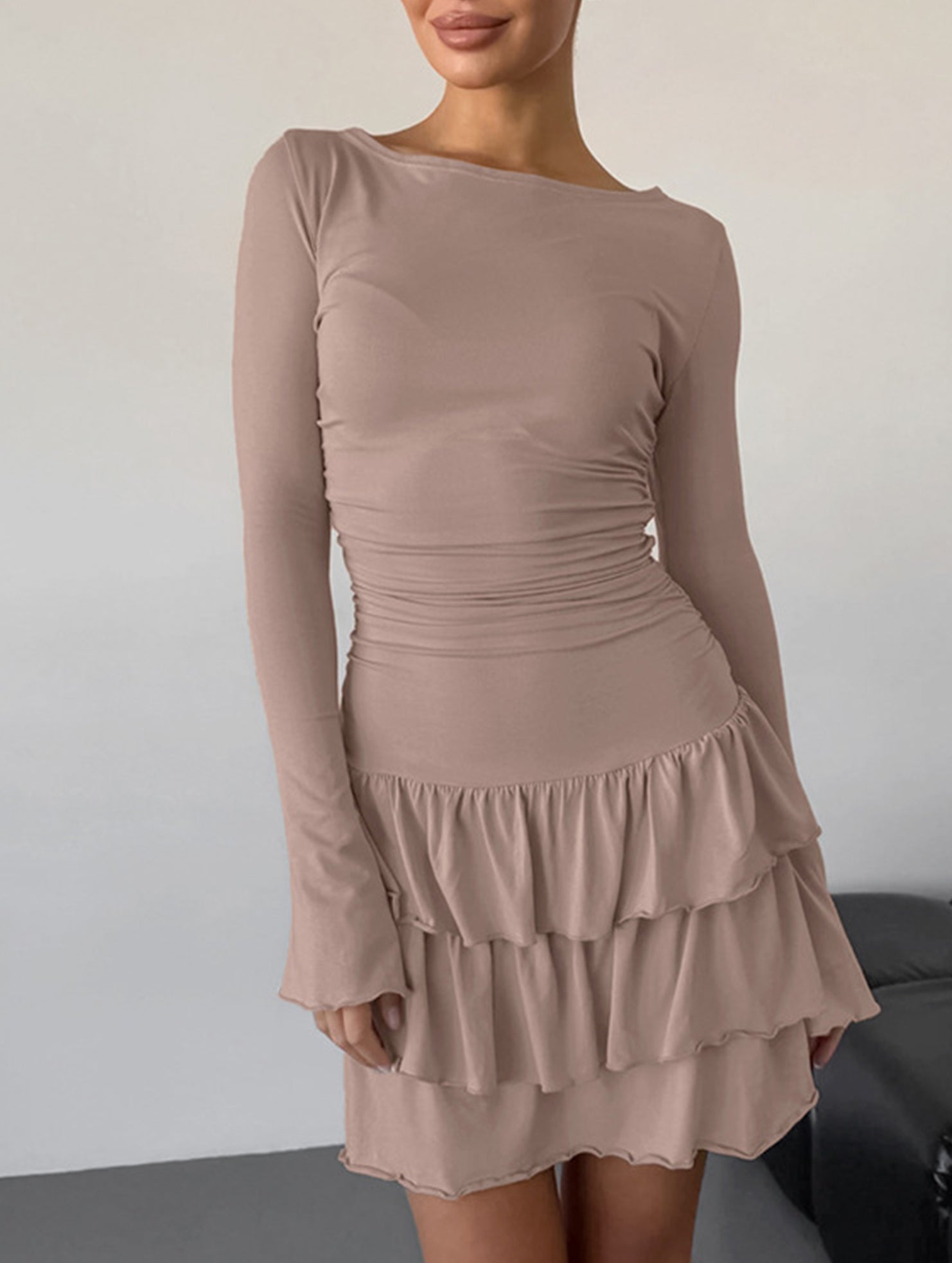 Waist Cinched Ruffle Long Sleeve Work Dress_CWDSD11447