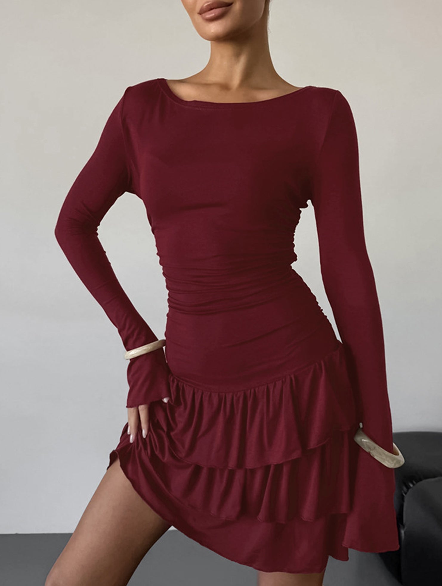 Waist Cinched Ruffle Long Sleeve Work Dress_CWDSD11447